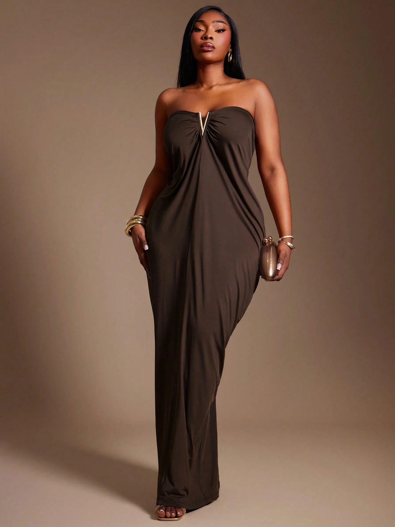 Radiana Robe longue noire élégante grande taille sans bretelles et sans manches avec — vue 12