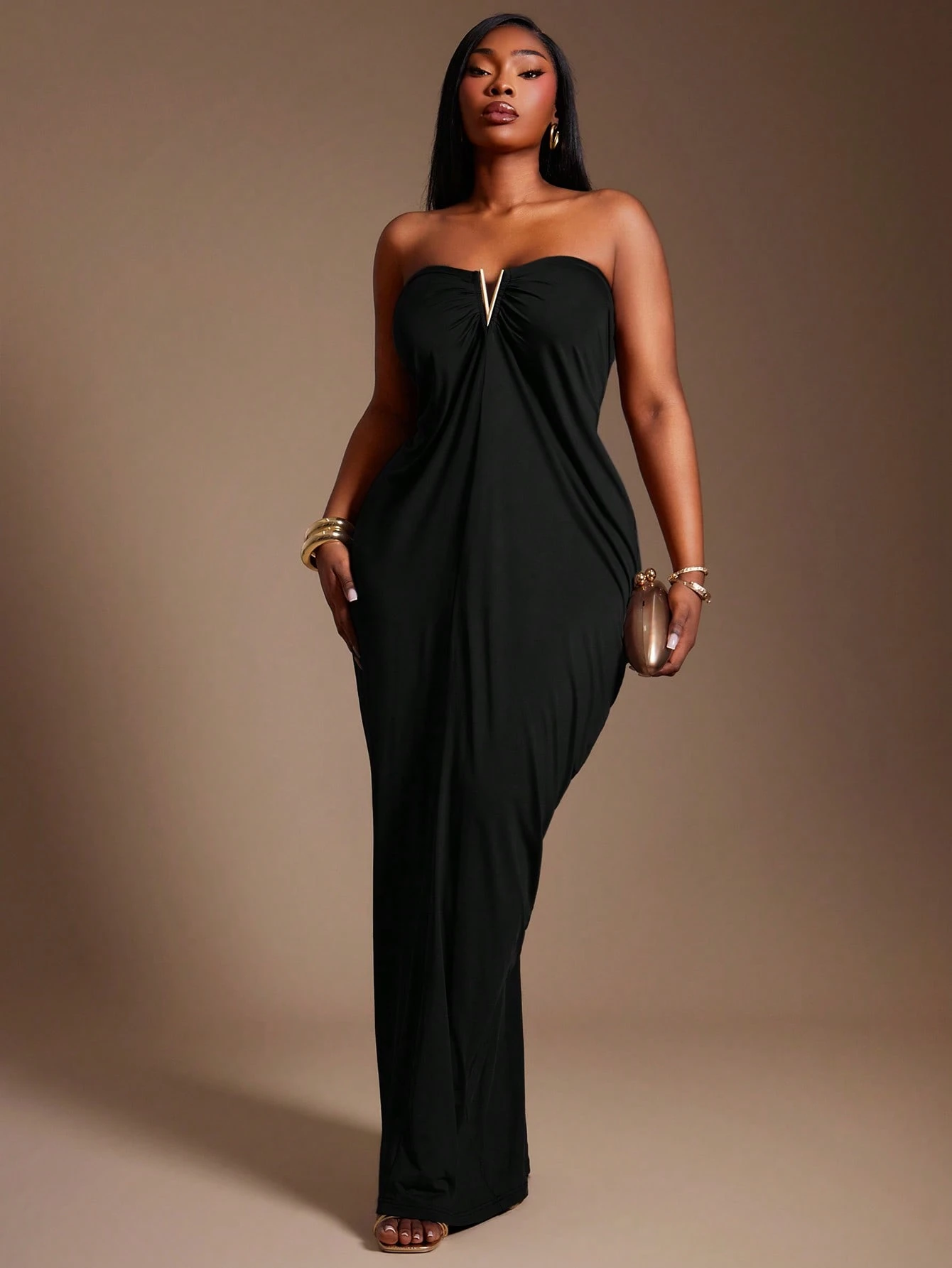 Radiana Robe longue noire élégante grande taille sans bretelles et sans manches avec — vue 9