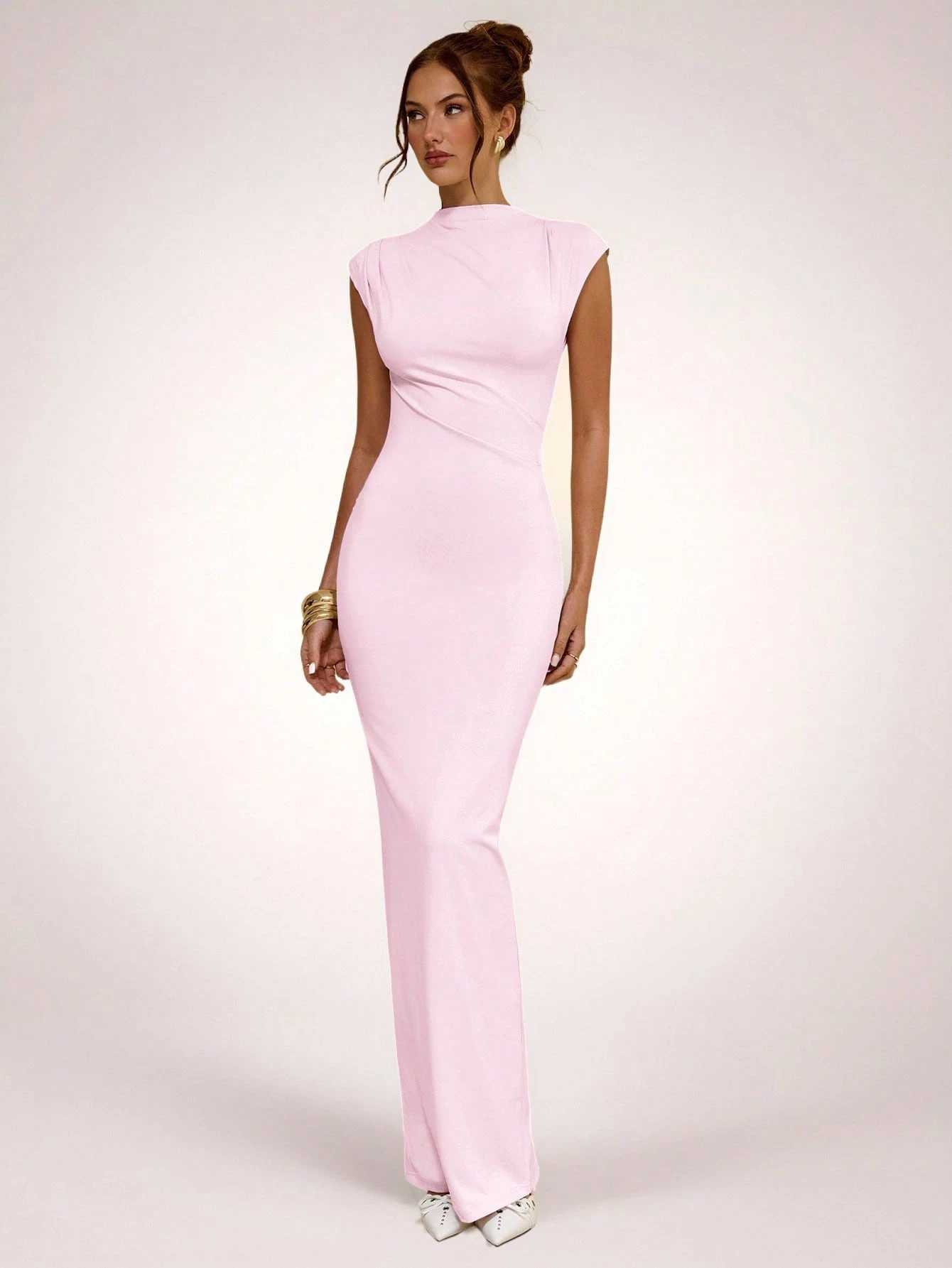 Robe moulante asymétrique froncée abricot, robe longue élégante minimaliste de