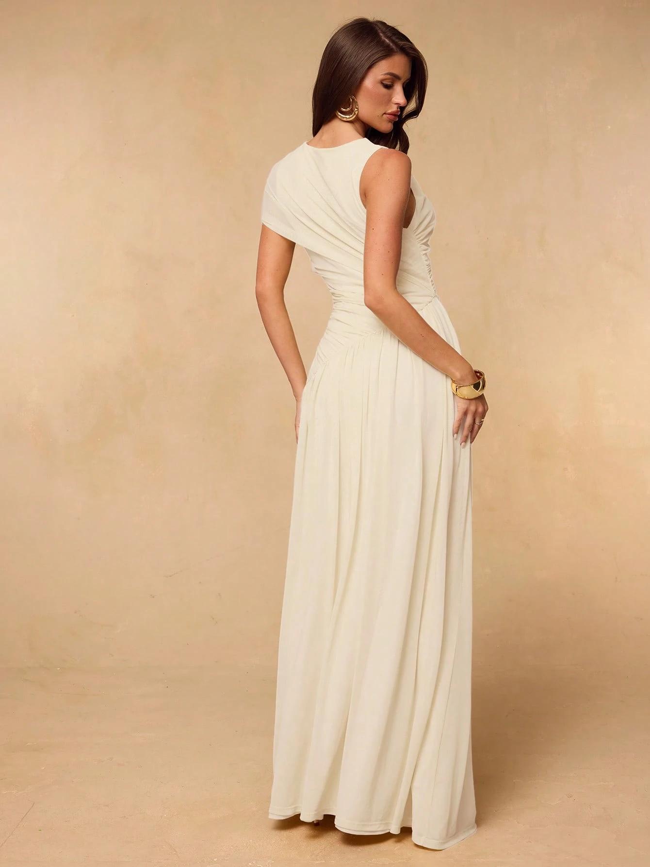 Robe sirène en maille froncée ajustée extra longue, jaune unicolore, jaune — vue 10