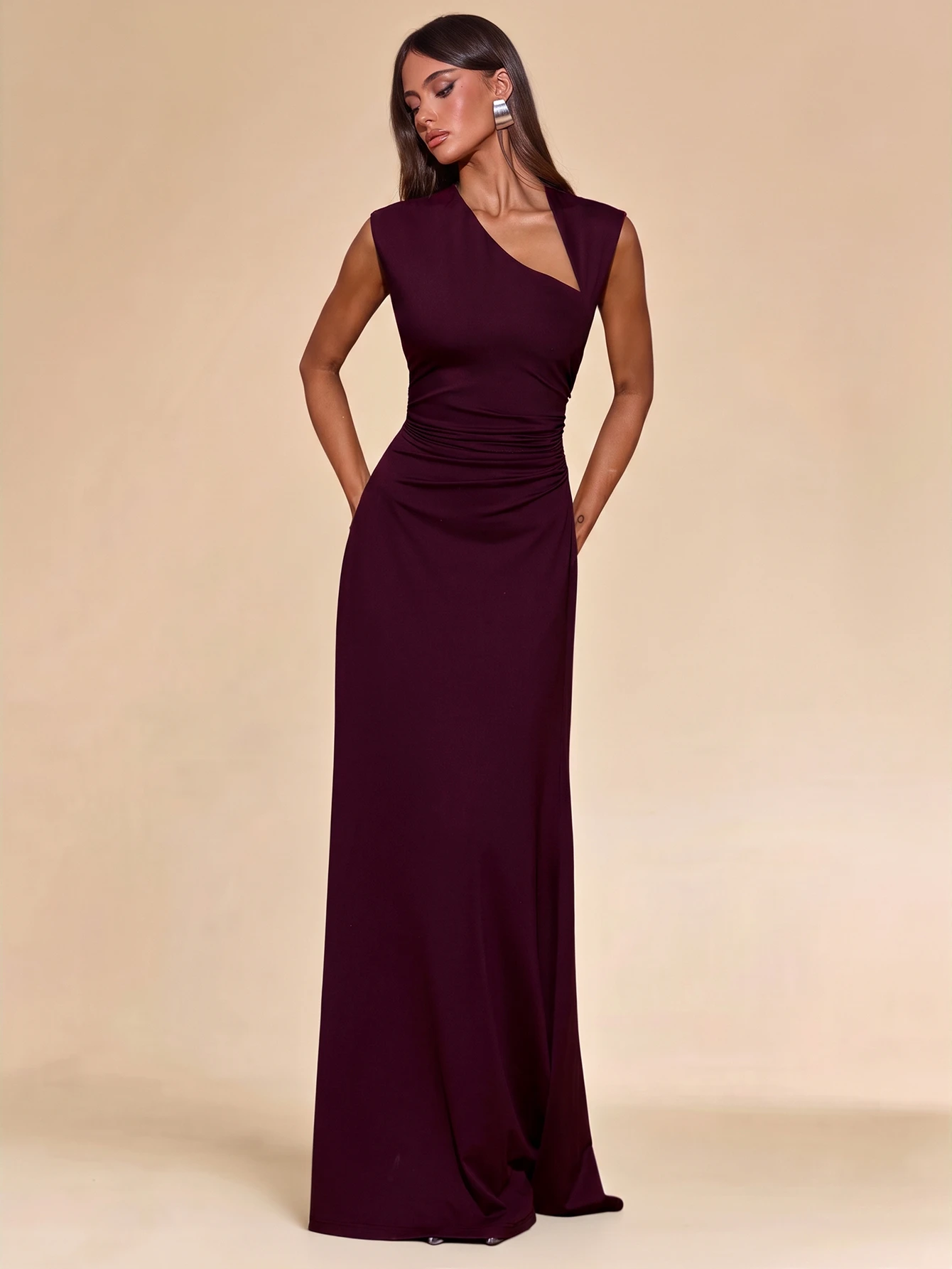 Robe longue tricotée sans manches à col asymétrique de couleur unie pour — vue 3