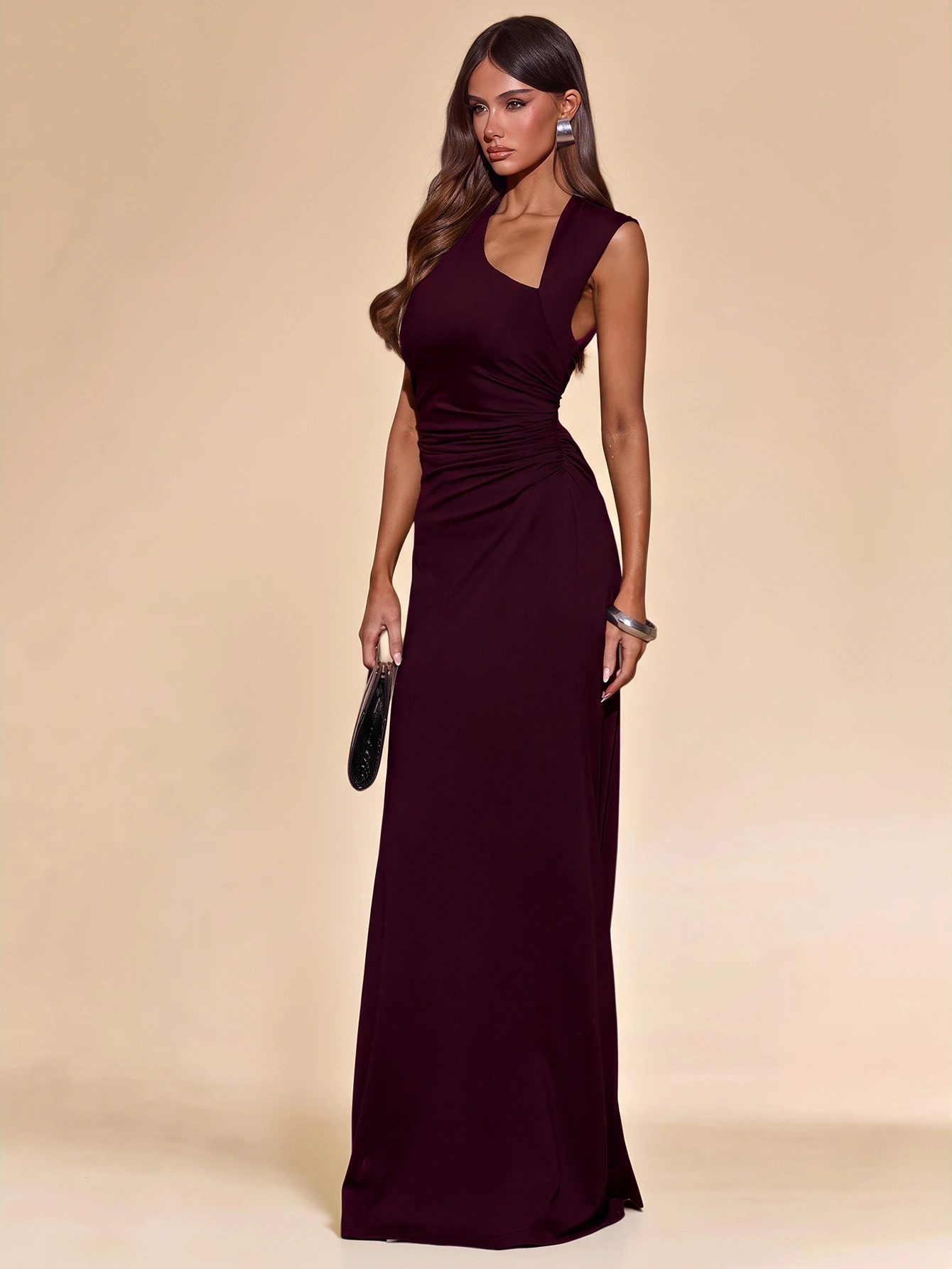 Robe longue tricotée sans manches à col asymétrique de couleur unie pour — vue 12