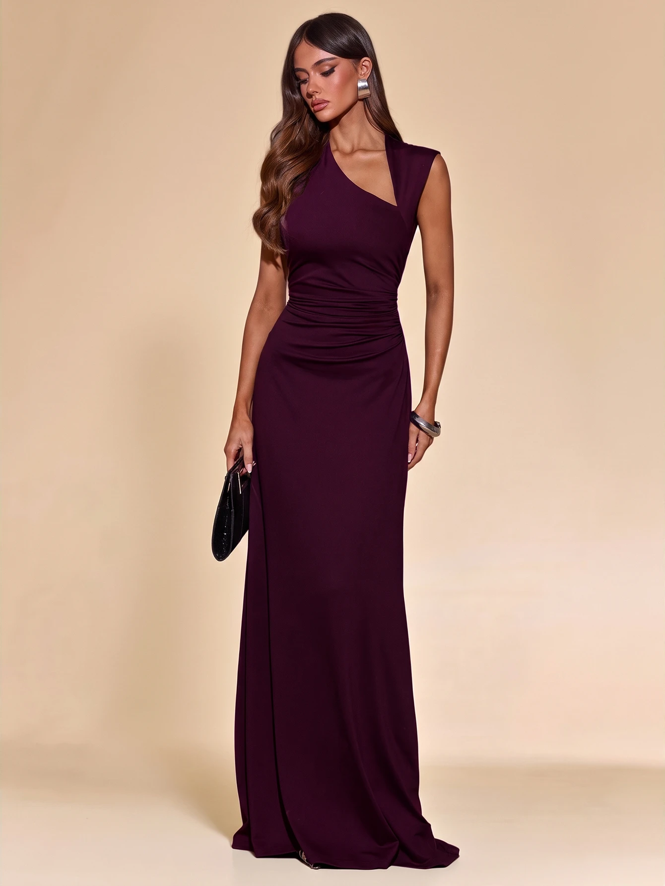 Robe longue tricotée sans manches à col asymétrique de couleur unie pour — vue 9