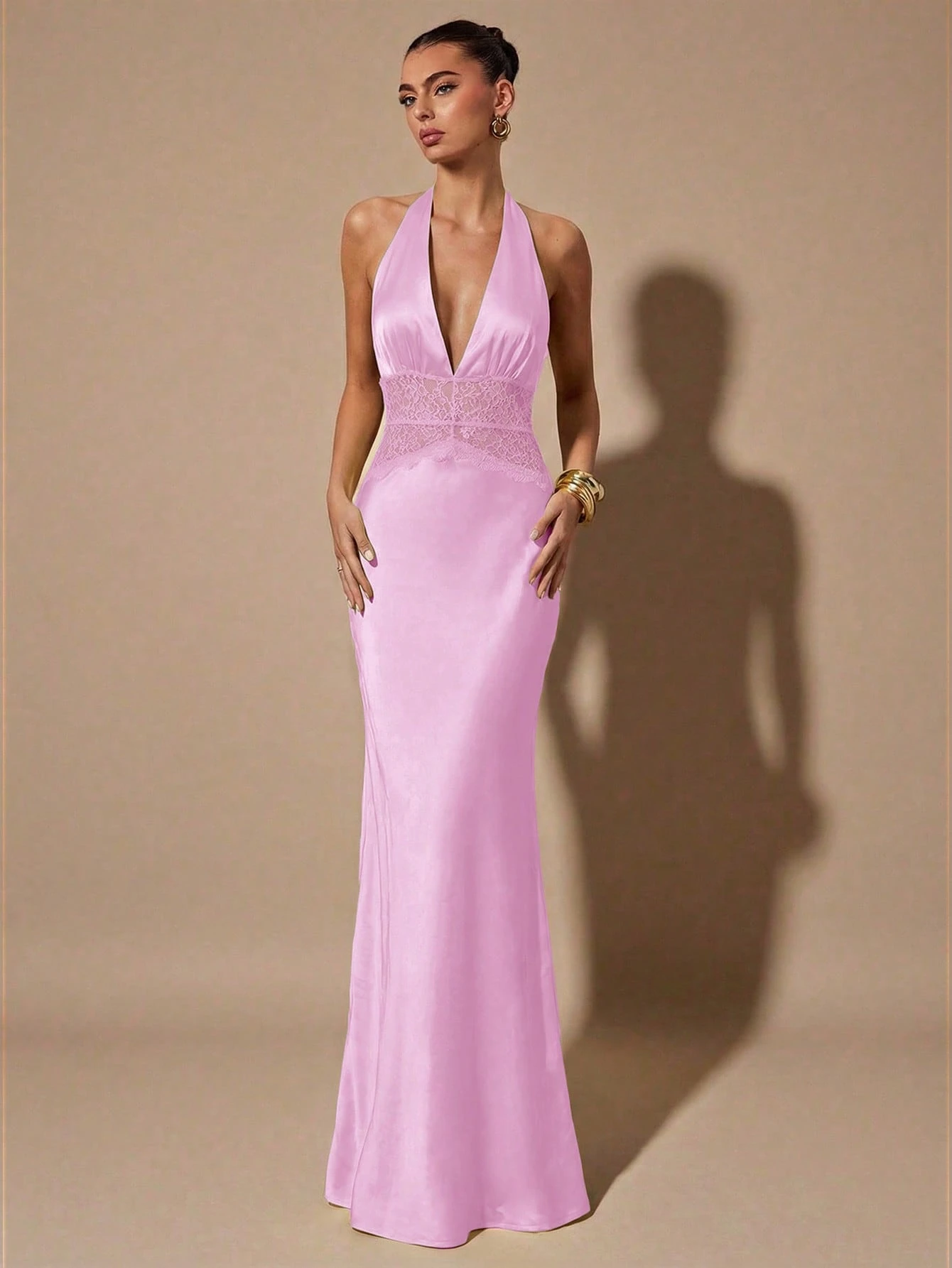 Robe longue élégante et formelle blanc crème d'été avec col en V profond, dos — vue 8