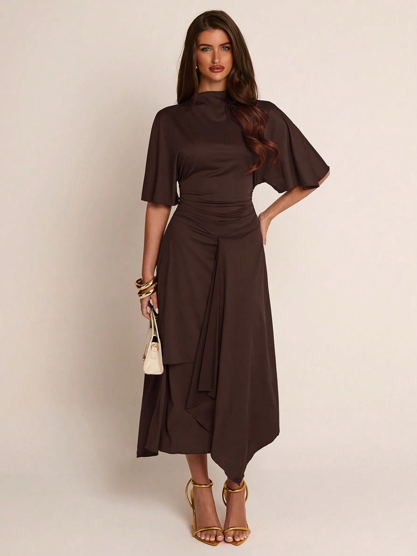 Robe femme mi-longue printemps/été marron unicolore, col semi-montant, manches — vue 6