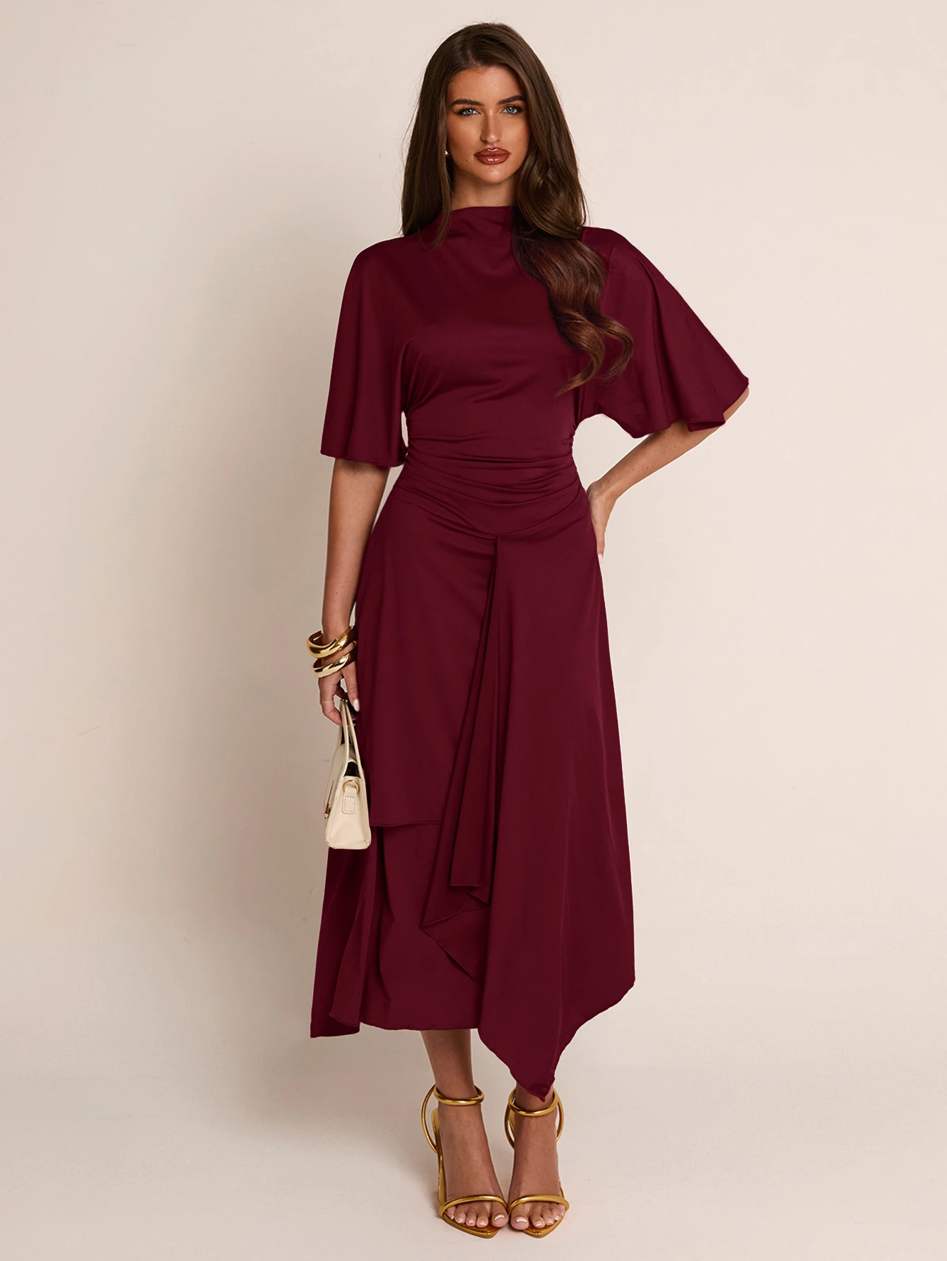 Robe femme mi-longue printemps/été marron unicolore, col semi-montant, manches — vue 5
