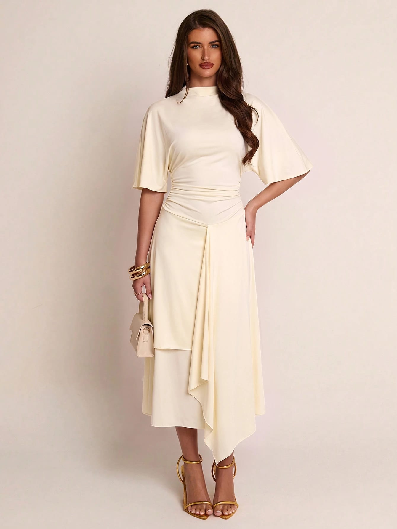 Robe femme mi-longue printemps/été marron unicolore, col semi-montant, manches