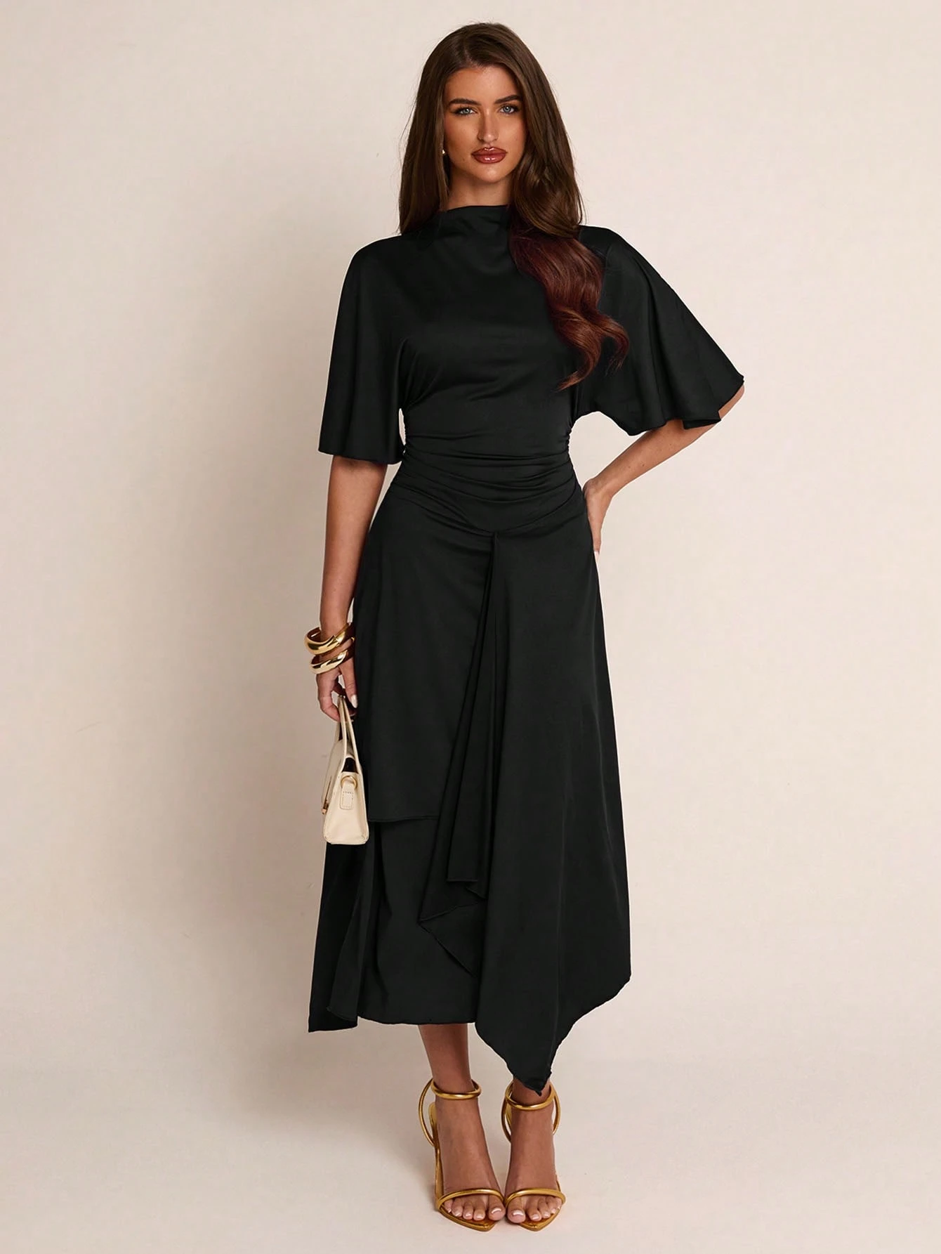 Robe femme mi-longue printemps/été marron unicolore, col semi-montant, manches — vue 3