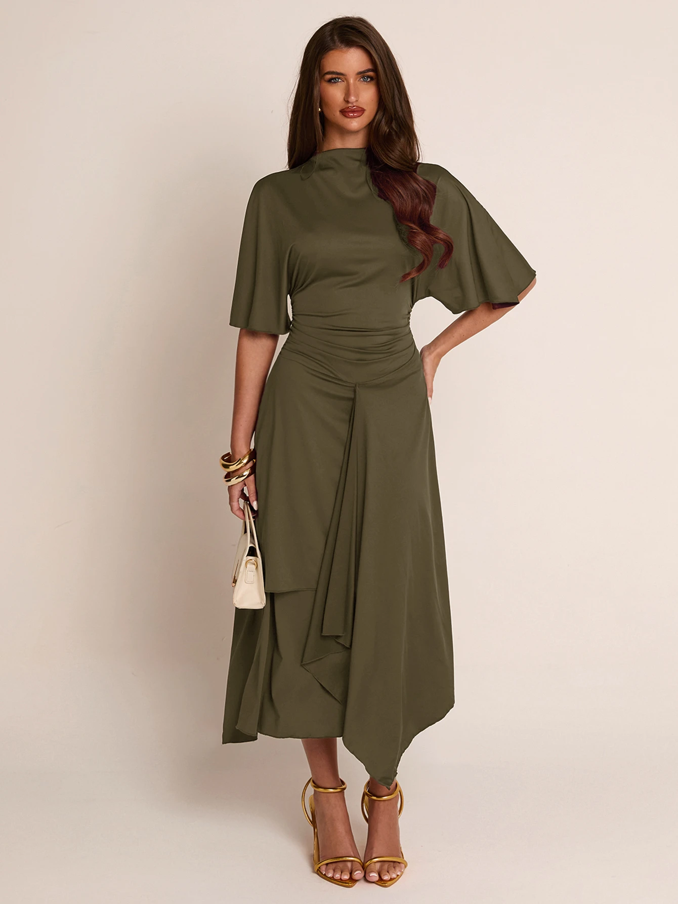 Robe femme mi-longue printemps/été marron unicolore, col semi-montant, manches — vue 2