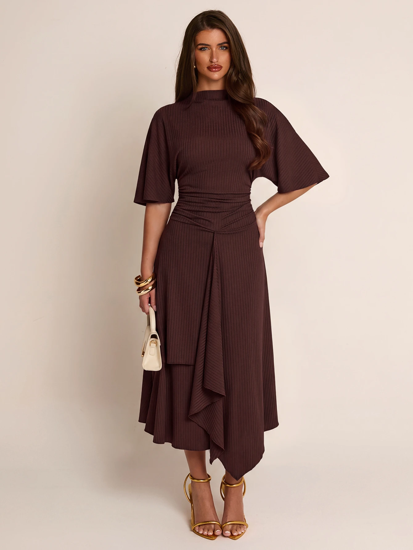 Robe femme mi-longue printemps/été marron unicolore, col semi-montant, manches — vue 4