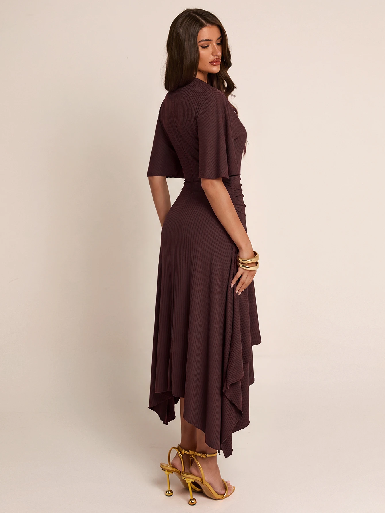 Robe femme mi-longue printemps/été marron unicolore, col semi-montant, manches — vue 12