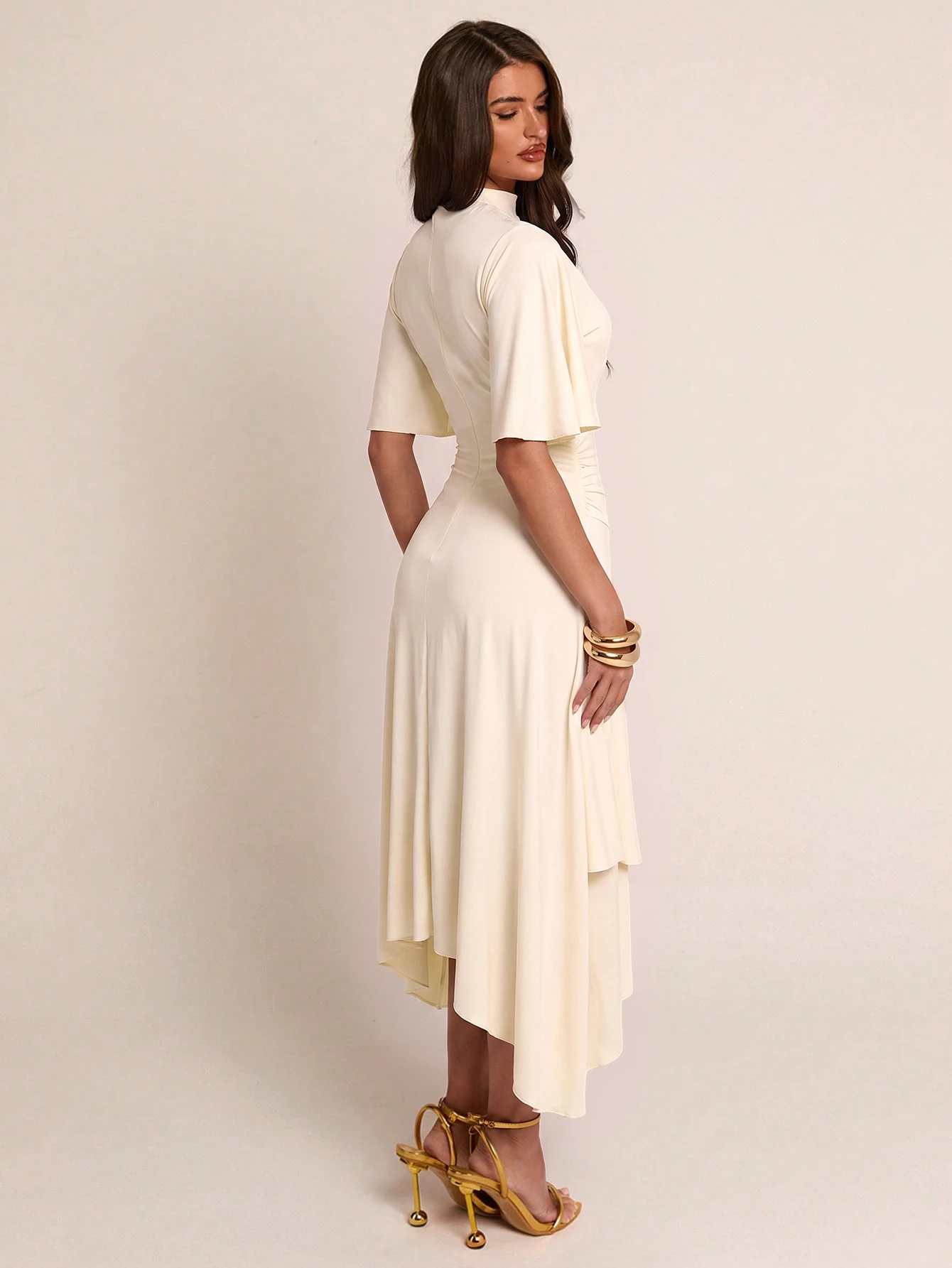 Robe femme mi-longue printemps/été marron unicolore, col semi-montant, manches — vue 9