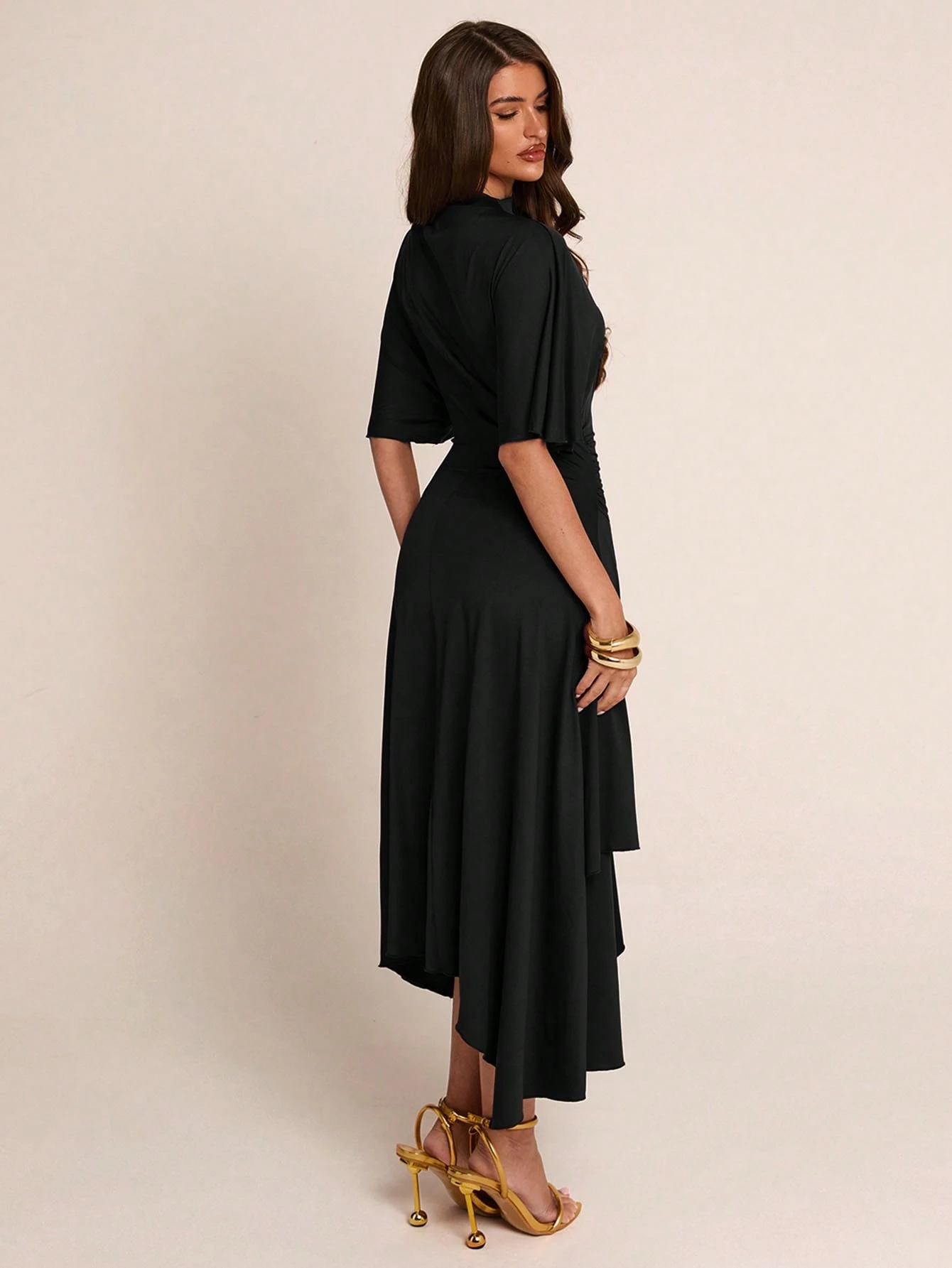Robe femme mi-longue printemps/été marron unicolore, col semi-montant, manches — vue 11