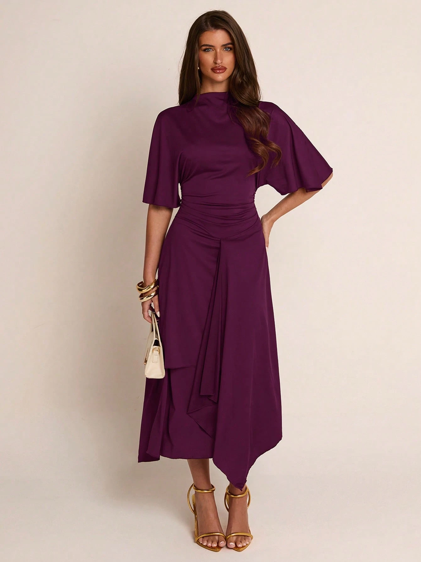 Robe femme mi-longue printemps/été marron unicolore, col semi-montant, manches — vue 7