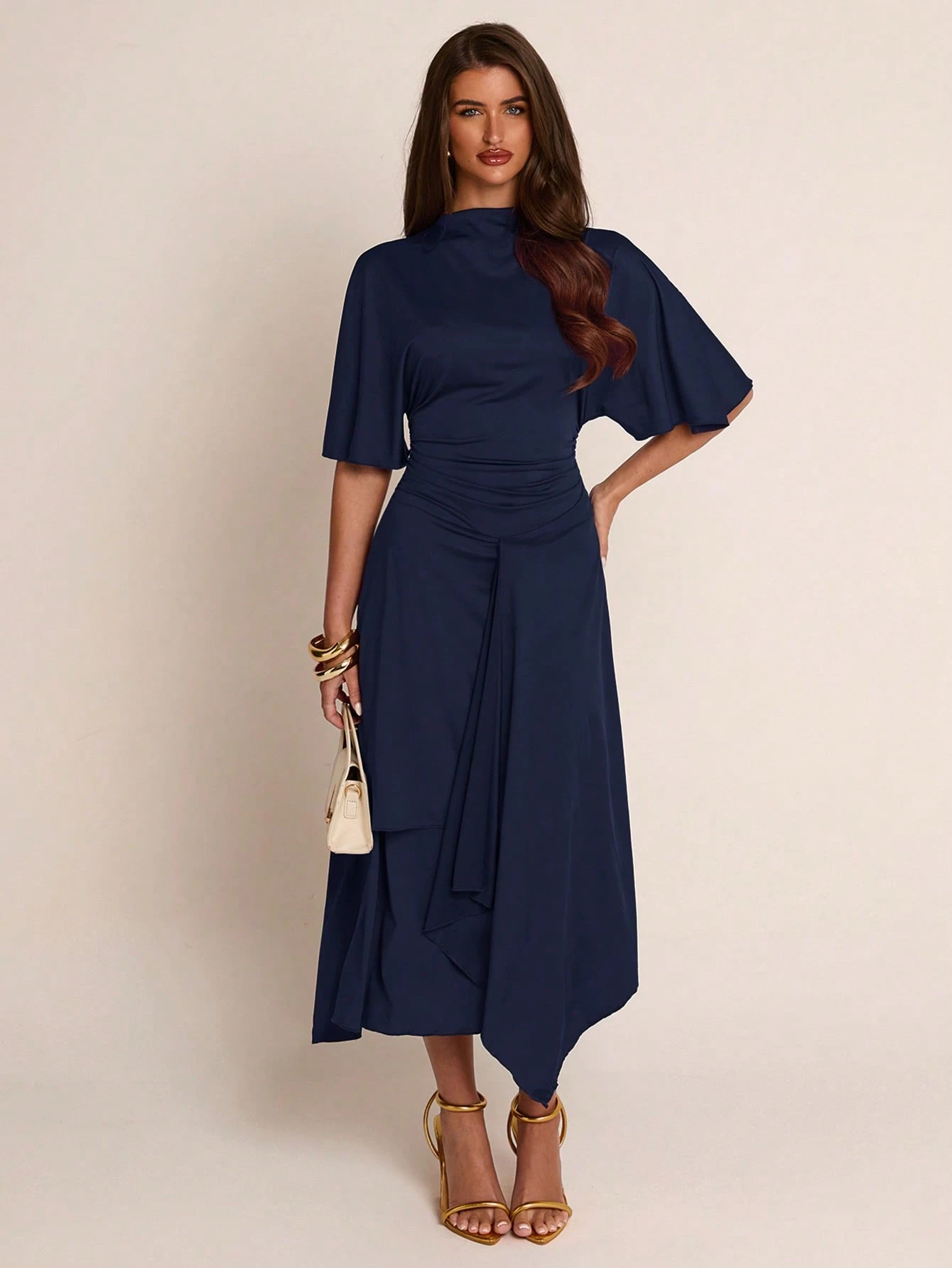 Robe femme mi-longue printemps/été marron unicolore, col semi-montant, manches — vue 8