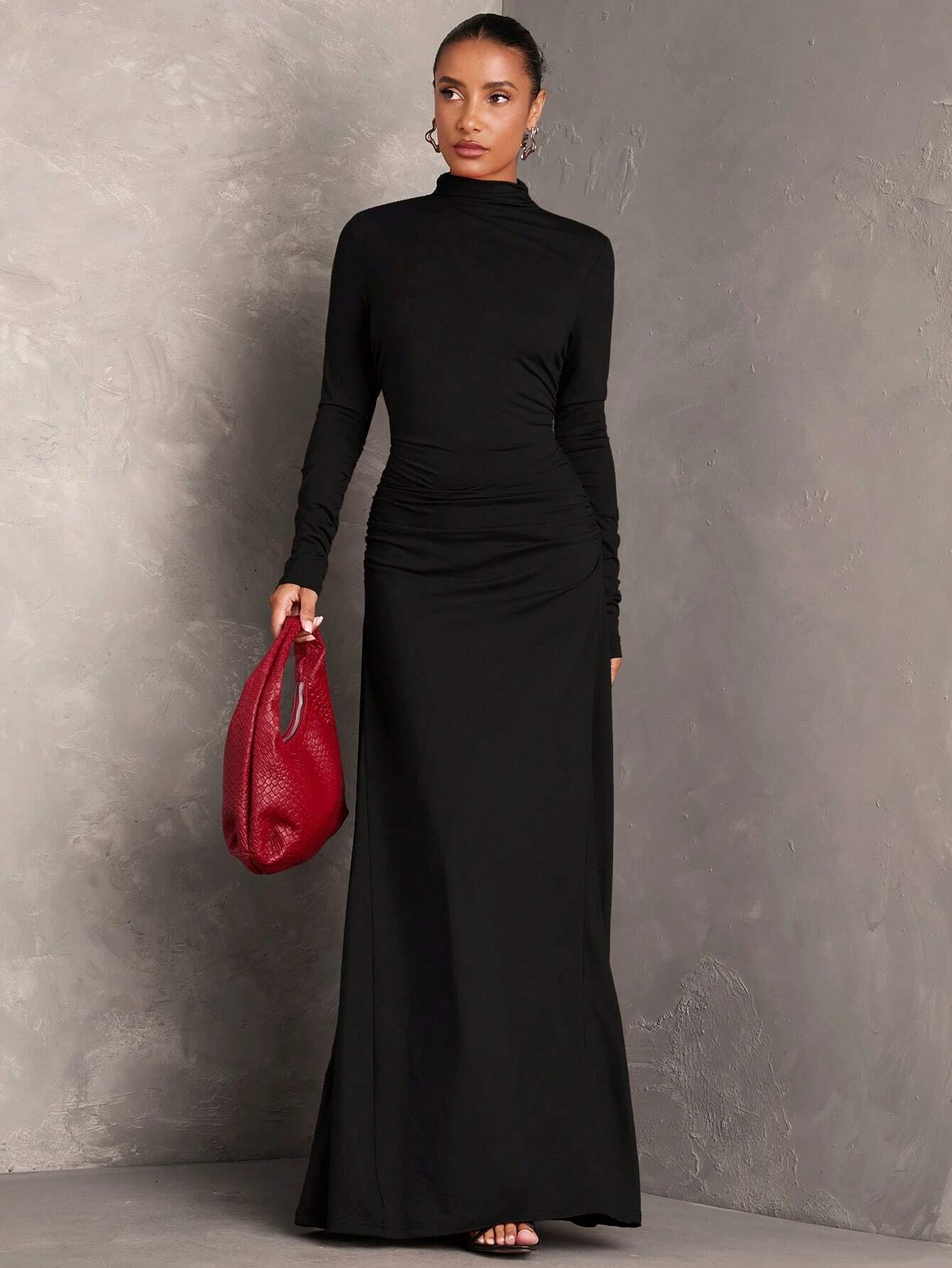 Robe plissée à col montant et manches longues, couleur unie. Robe pour invitée — vue 10