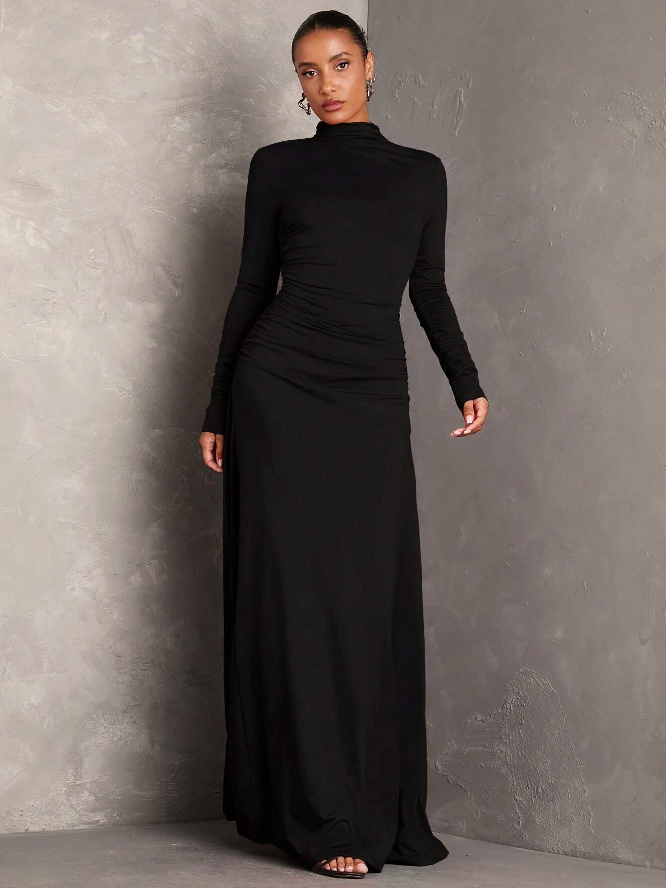 Robe plissée à col montant et manches longues, couleur unie. Robe pour invitée — vue 7