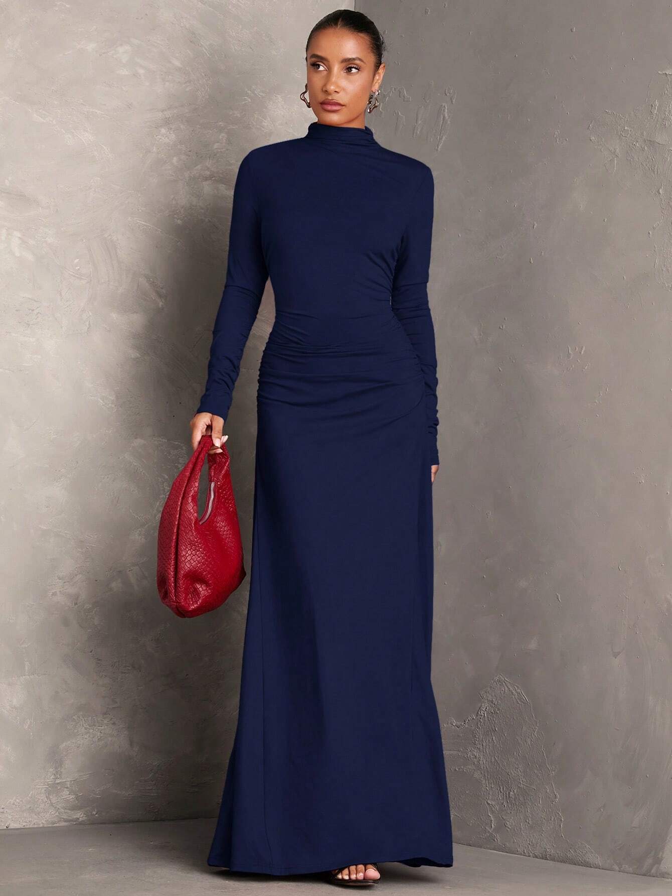 Robe plissée à col montant et manches longues, couleur unie. Robe pour invitée — vue 12