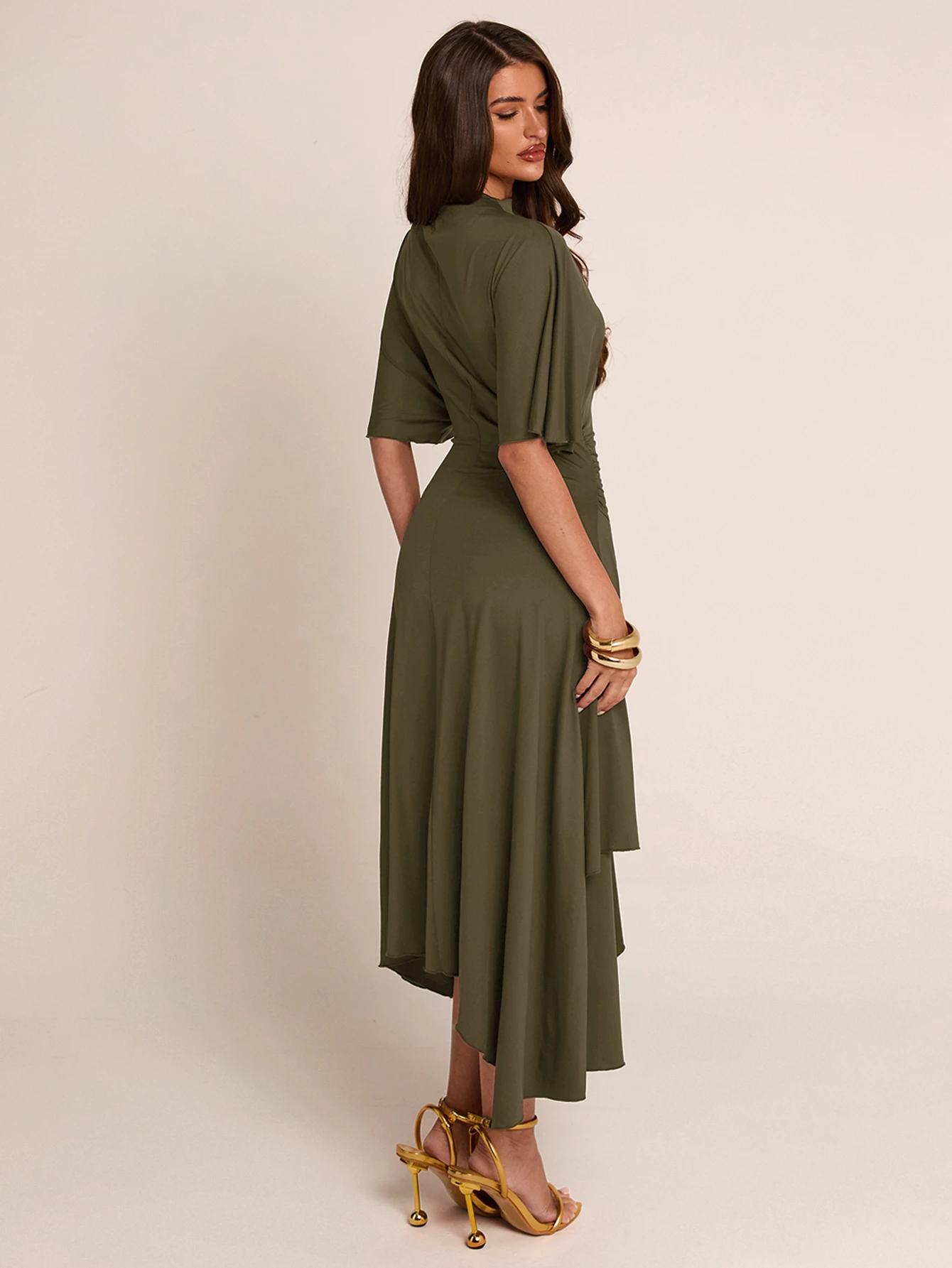 Robe femme mi-longue printemps/été marron unicolore, col semi-montant, manches — vue 10