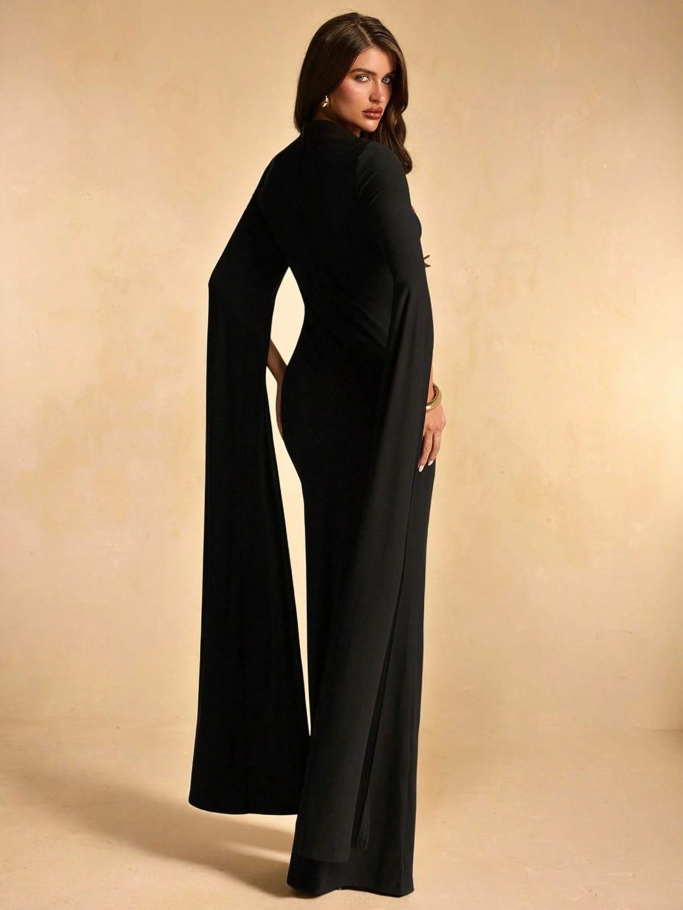 Robe droite ajustée à manches longues et col carré semi-Top, noire — vue 2
