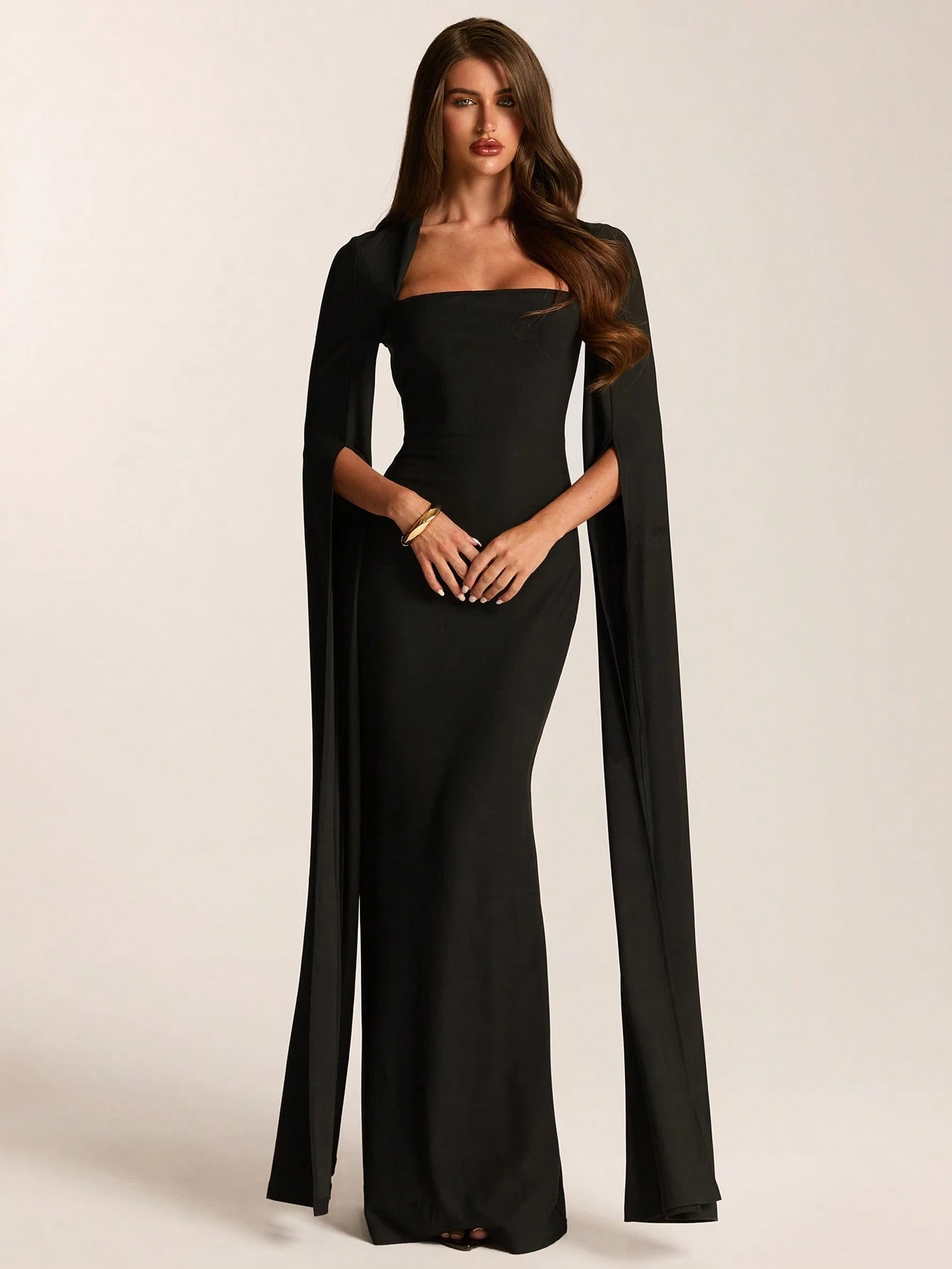 Robe droite ajustée à manches longues et col carré semi-Top, noire — vue 6