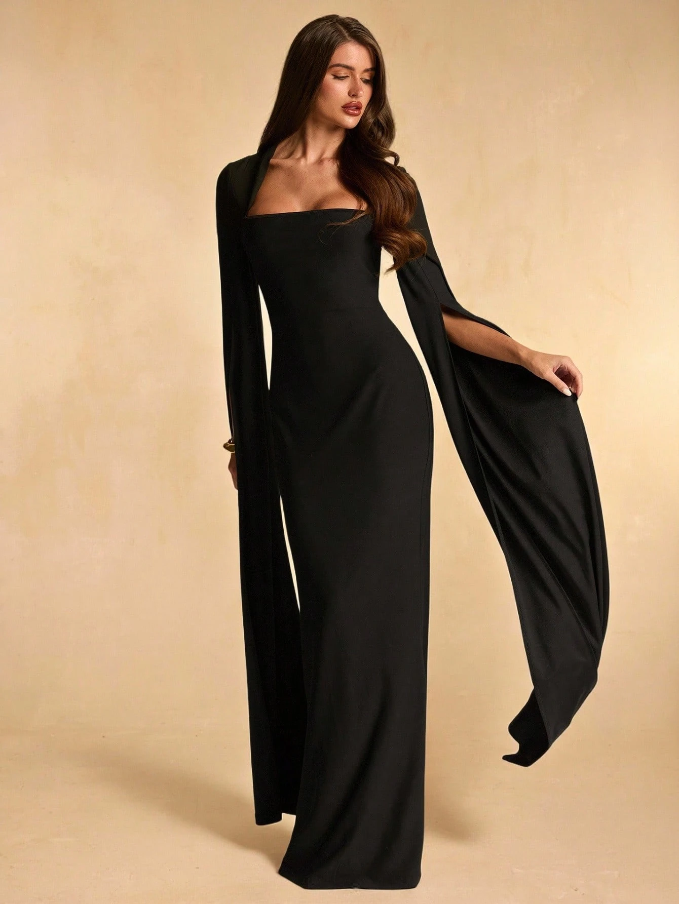 Robe droite ajustée à manches longues et col carré semi-Top, noire — vue 5