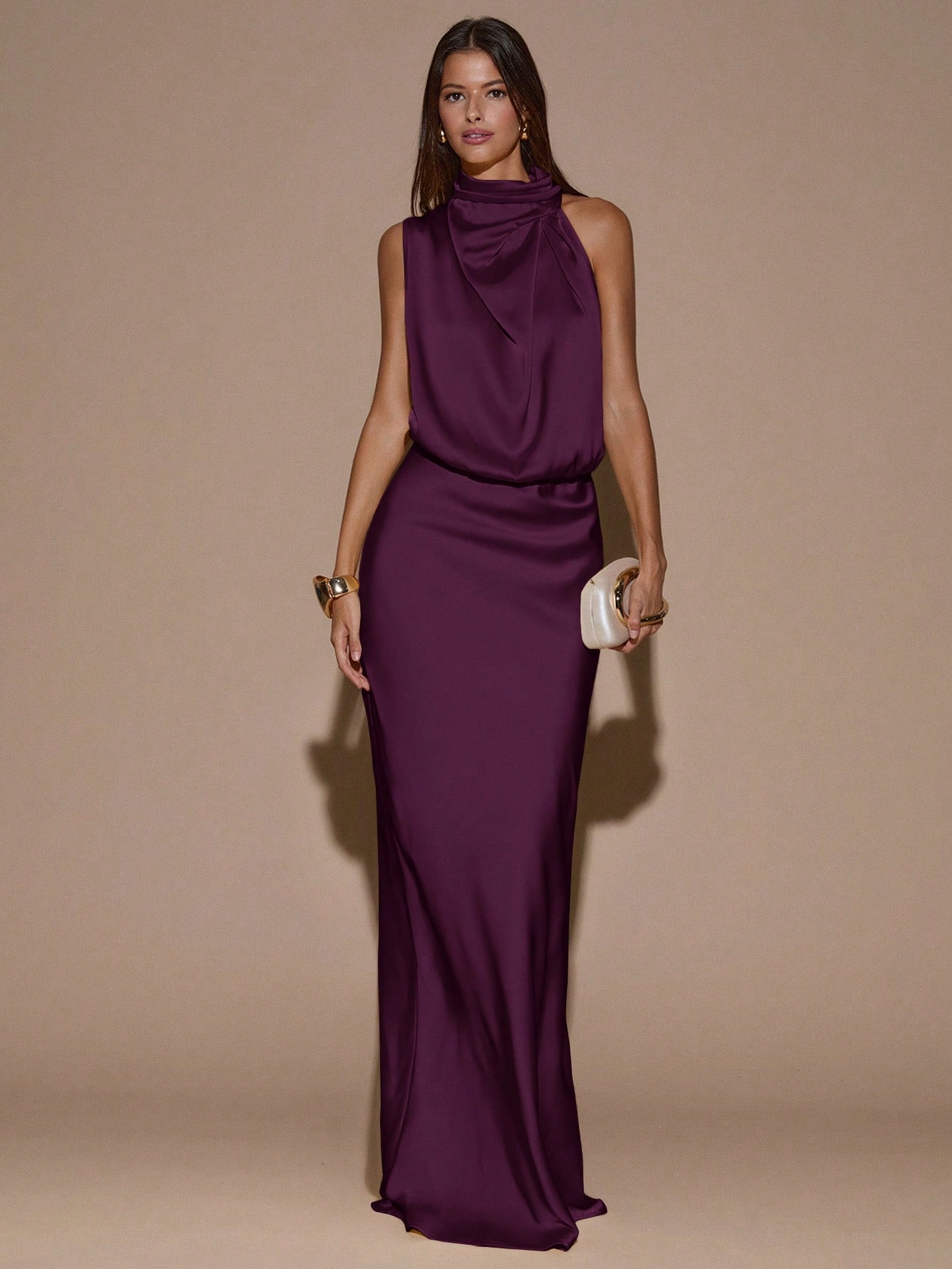 Robe longue sirène élégante de couleur unie crème jaune sans bretelles