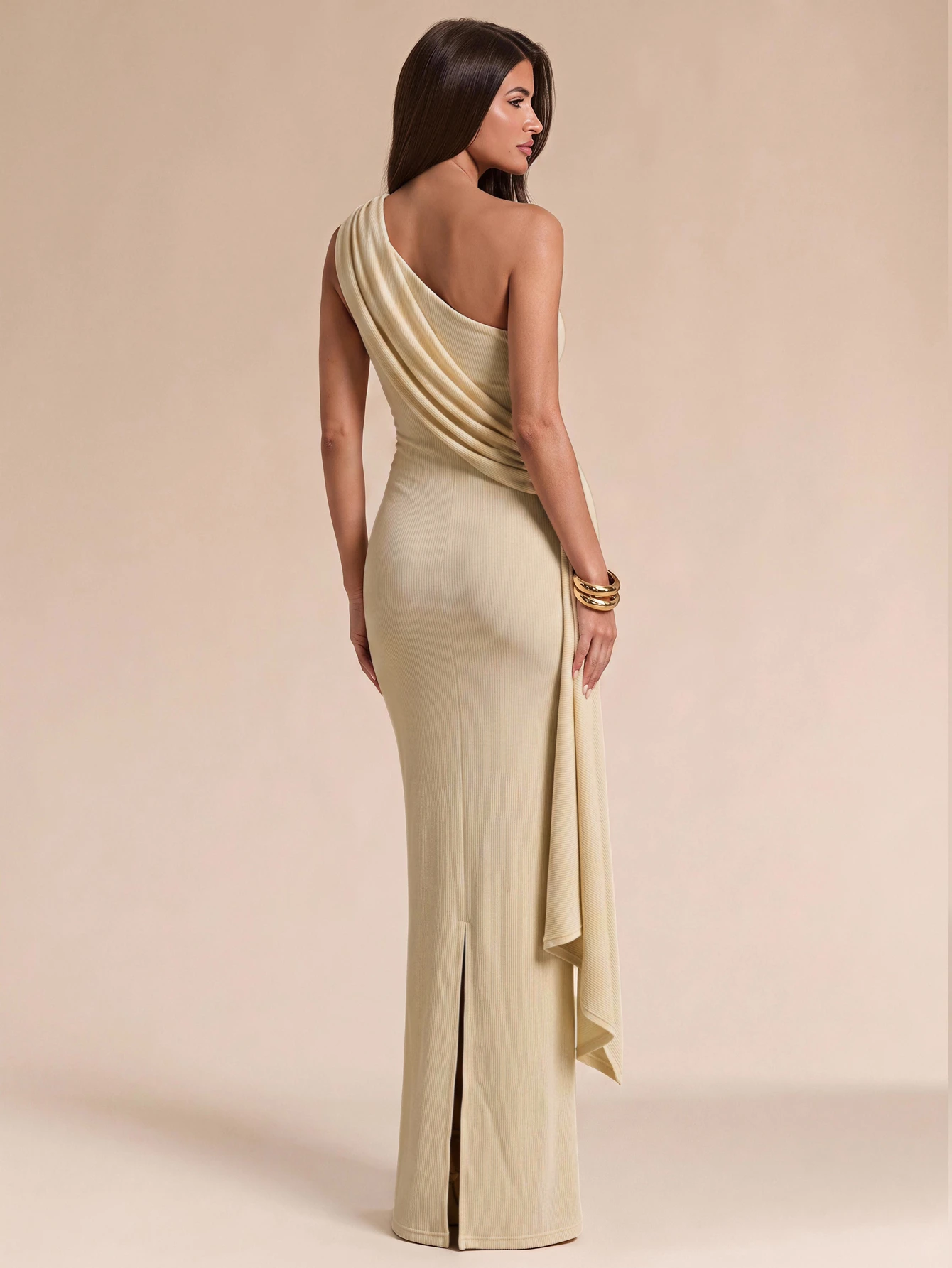 Robe élégante en tricot texturé pour femmes, coupe slim, couleur kaki unie — vue 2
