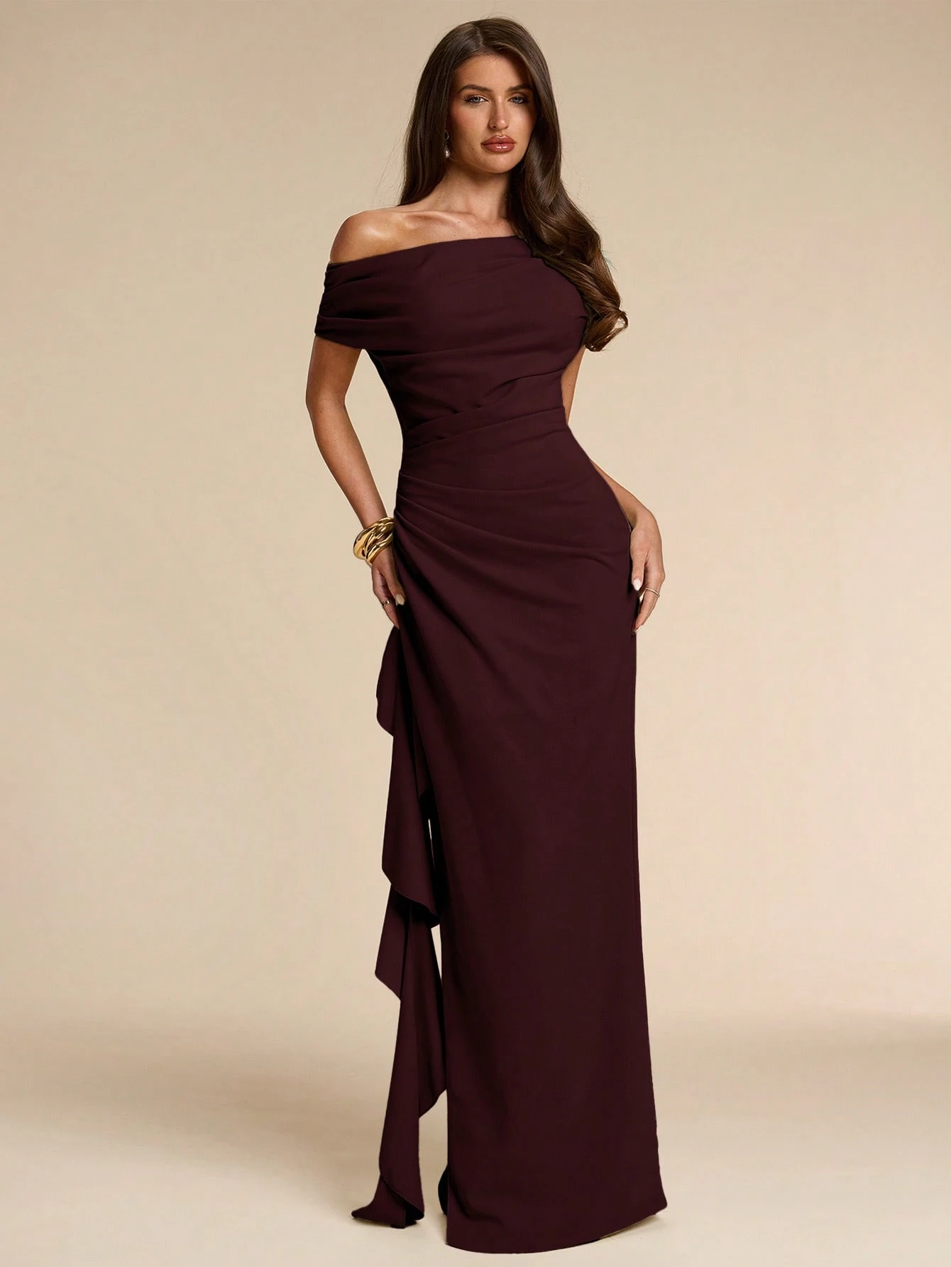 Robe de soirée élégante pour femme, de couleur unie, drapée de manière — vue 5