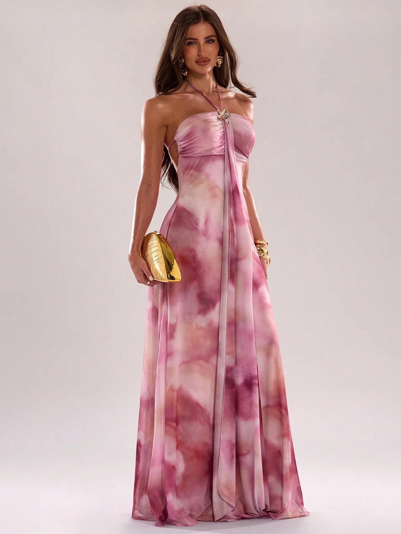 Robe élégante rose pour femme avec imprimé tie-dye, robe d'été à col licou avec — vue 5