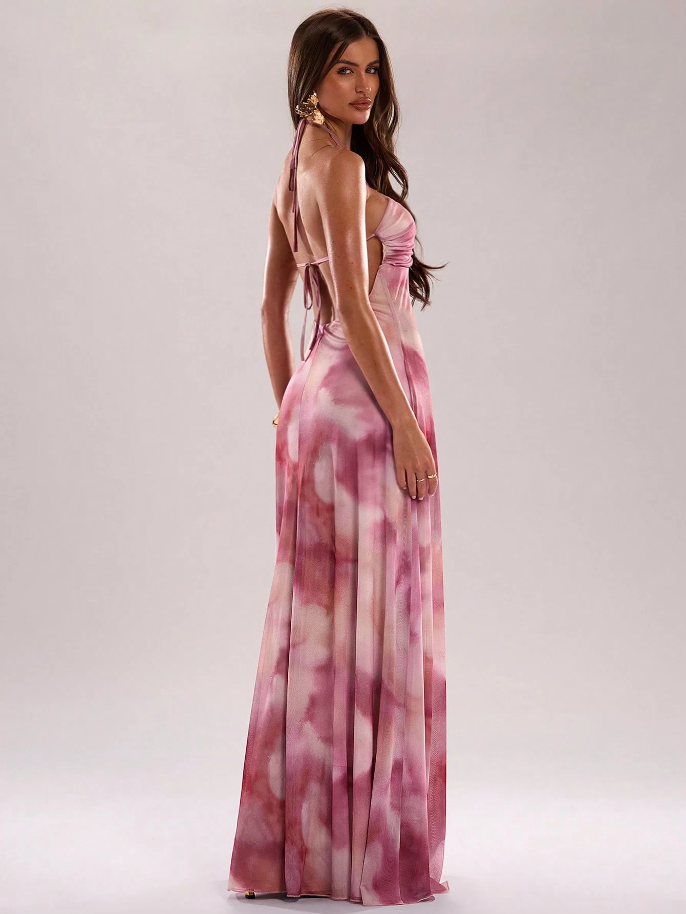 Robe élégante rose pour femme avec imprimé tie-dye, robe d'été à col licou avec — vue 3