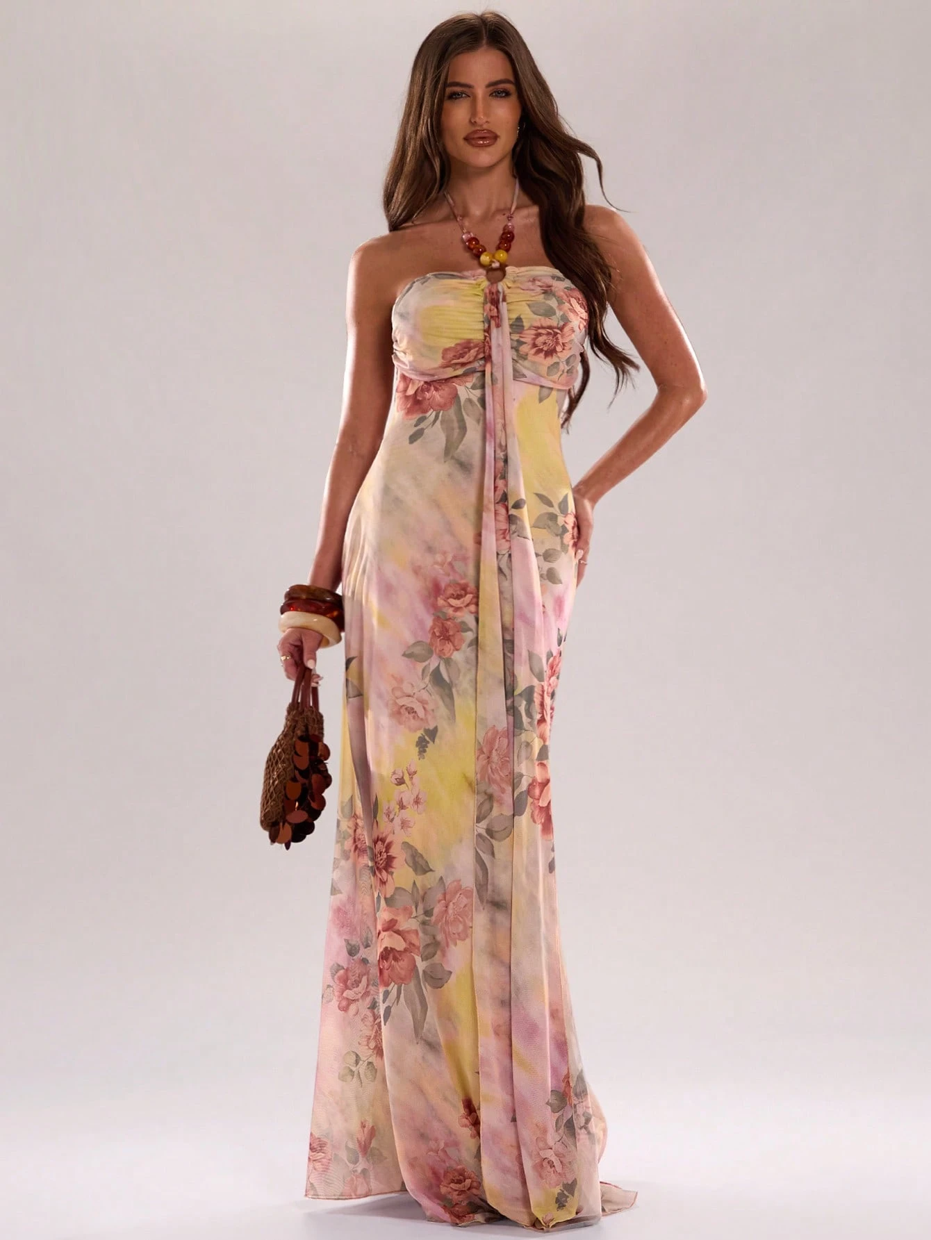 Robe élégante rose pour femme avec imprimé tie-dye, robe d'été à col licou avec — vue 6