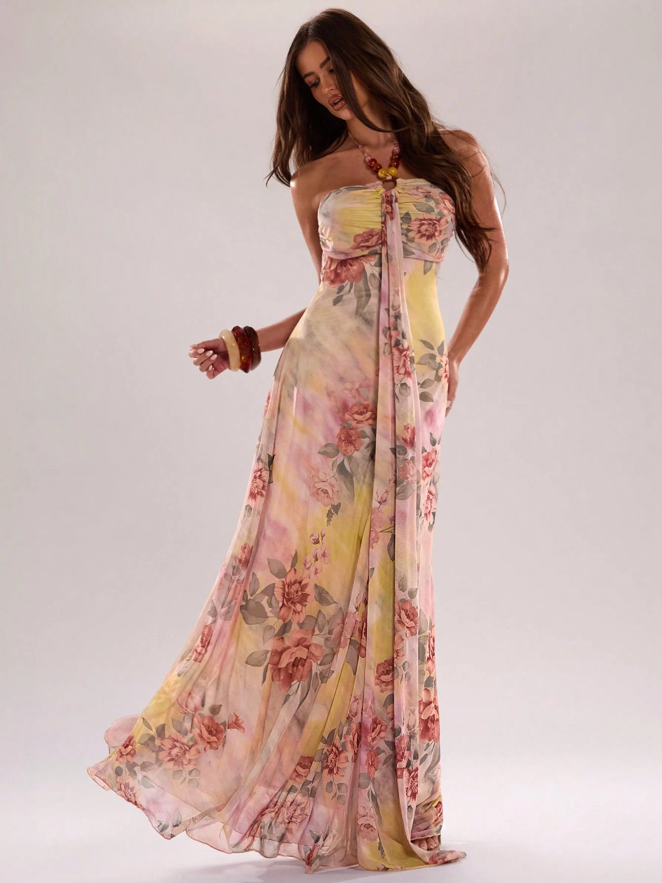 Robe élégante rose pour femme avec imprimé tie-dye, robe d'été à col licou avec — vue 2