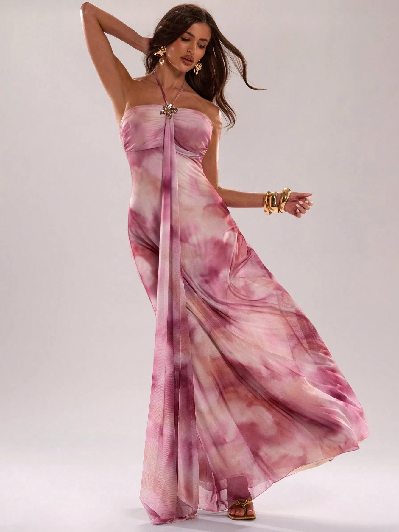 Robe élégante rose pour femme avec imprimé tie-dye, robe d'été à col licou avec — vue 7