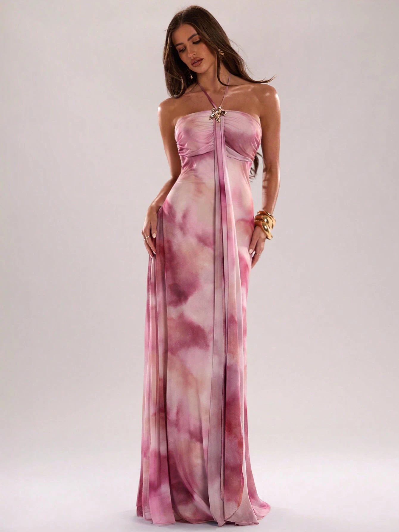 Robe élégante rose pour femme avec imprimé tie-dye, robe d'été à col licou avec — vue 11