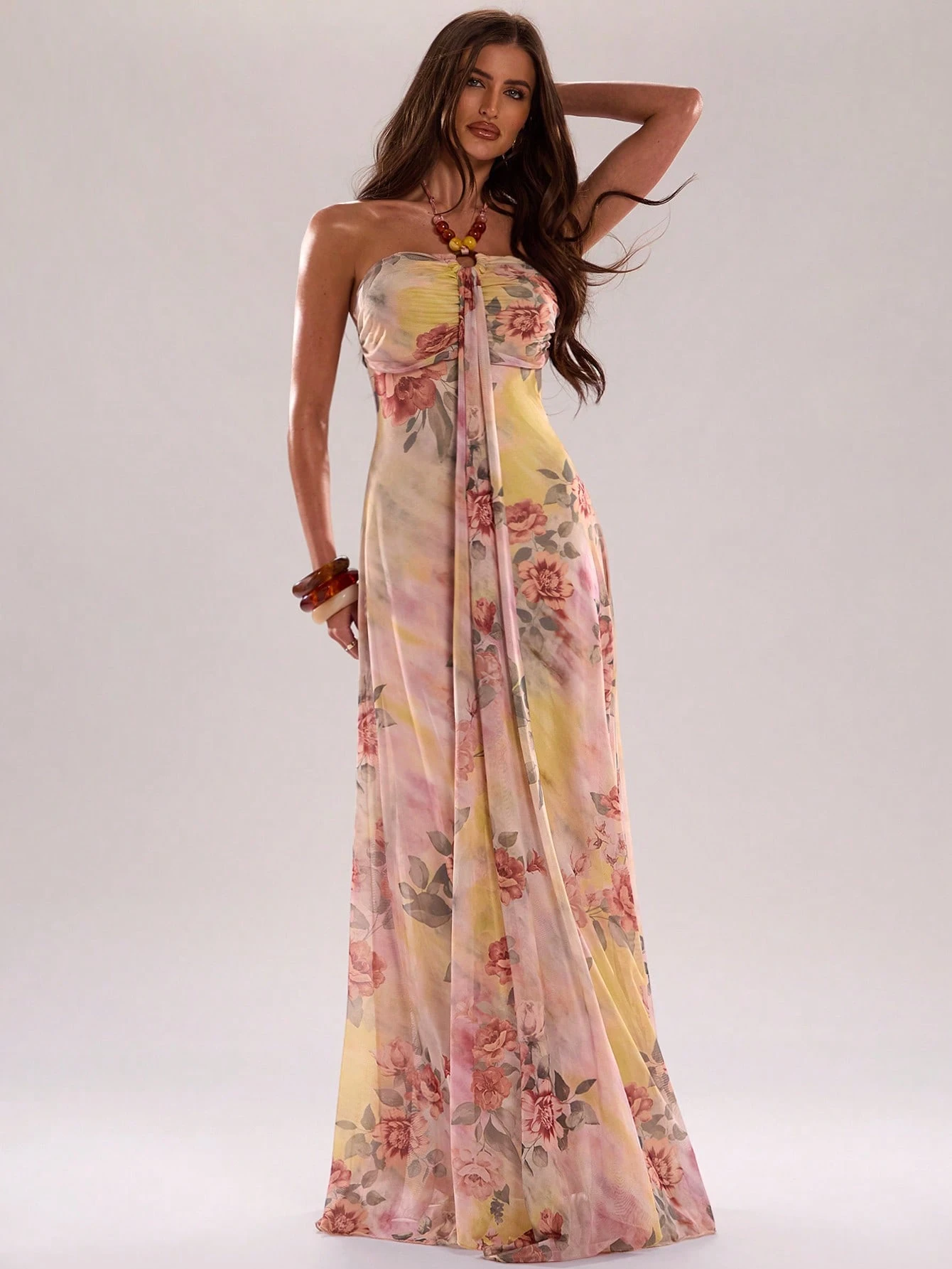 Robe élégante rose pour femme avec imprimé tie-dye, robe d'été à col licou avec — vue 8