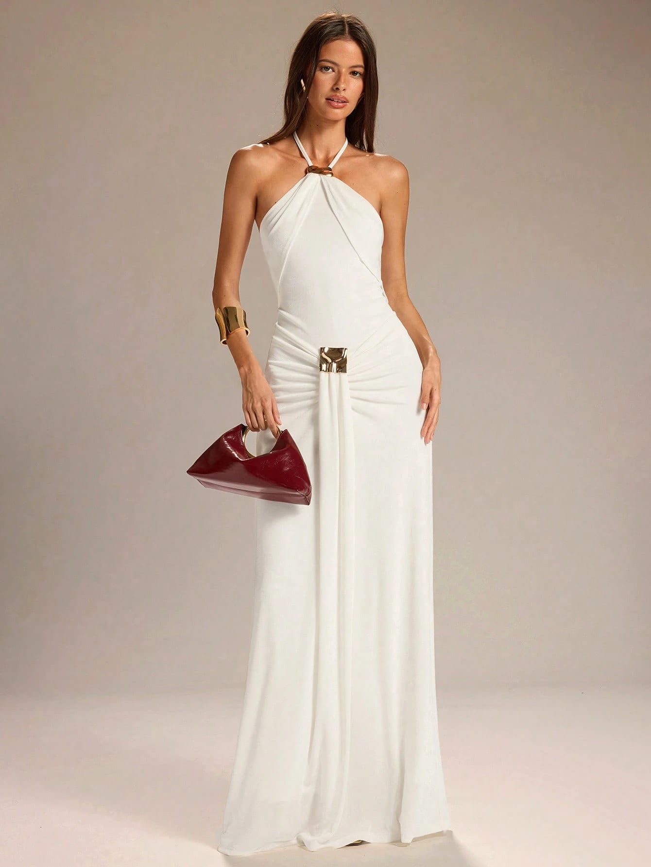 Robe trapèze blanche unie pour femme, col licou, taille à nouer, décoration