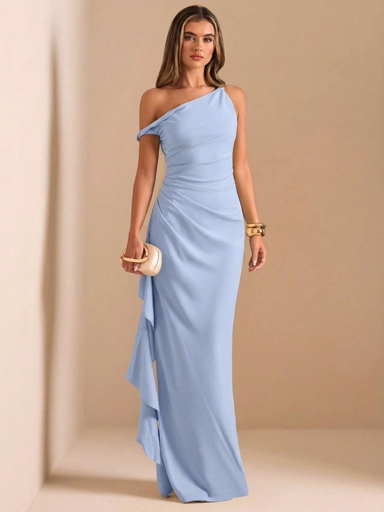 Robe longue de demoiselle d'honneur cocktail bleu clair, élégante, tropicale