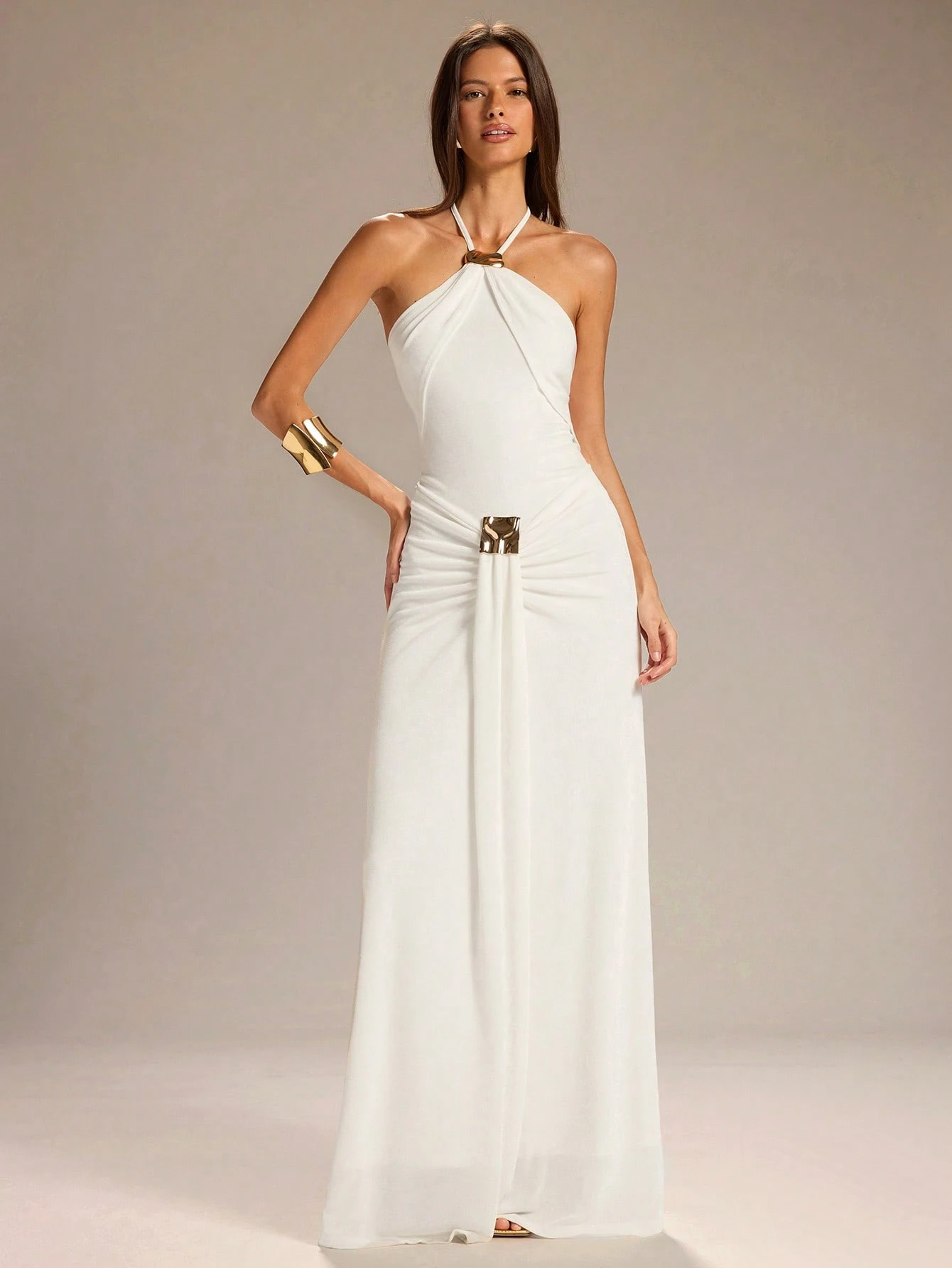 Robe trapèze blanche unie pour femme, col licou, taille à nouer, décoration — vue 3