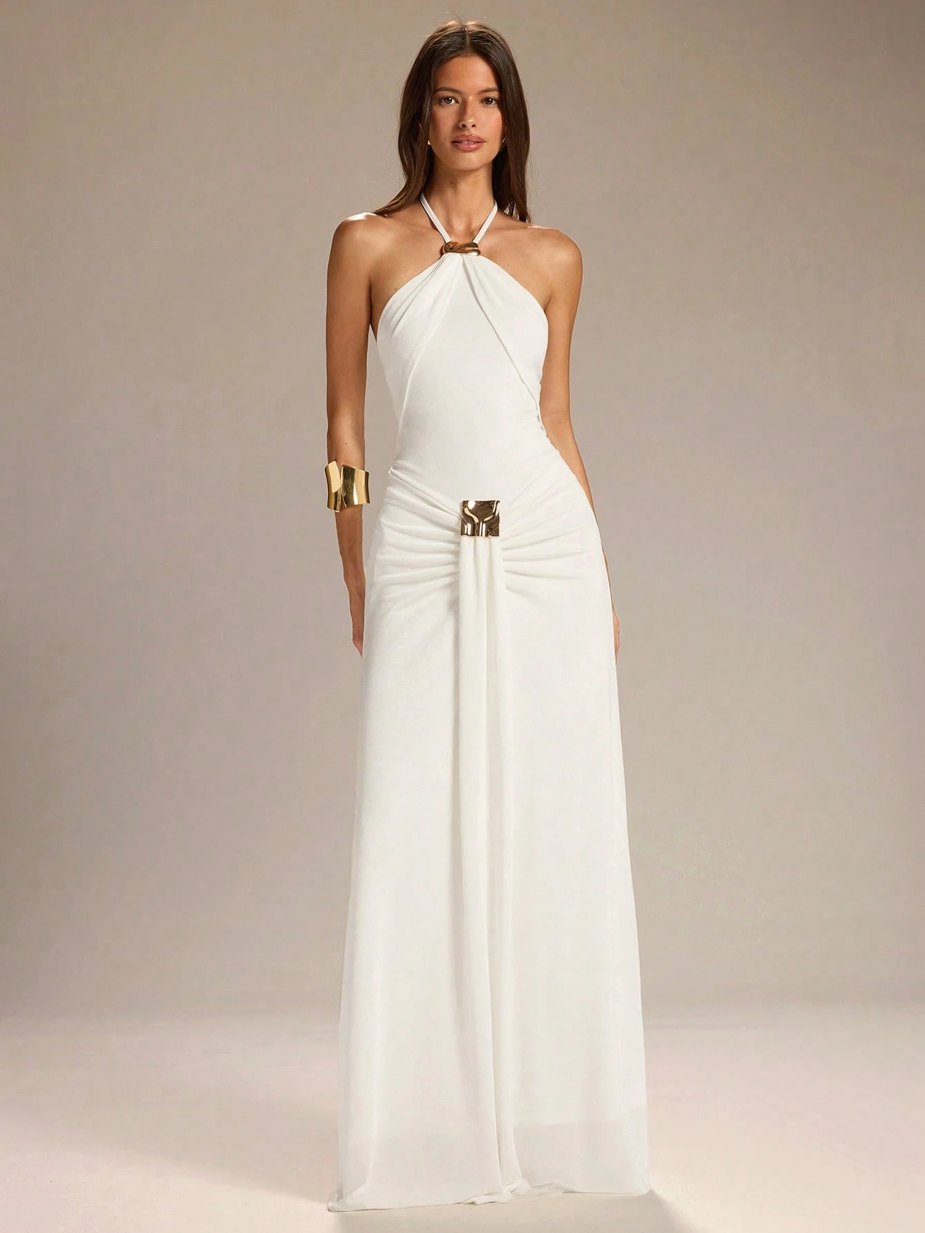 Robe trapèze blanche unie pour femme, col licou, taille à nouer, décoration — vue 4
