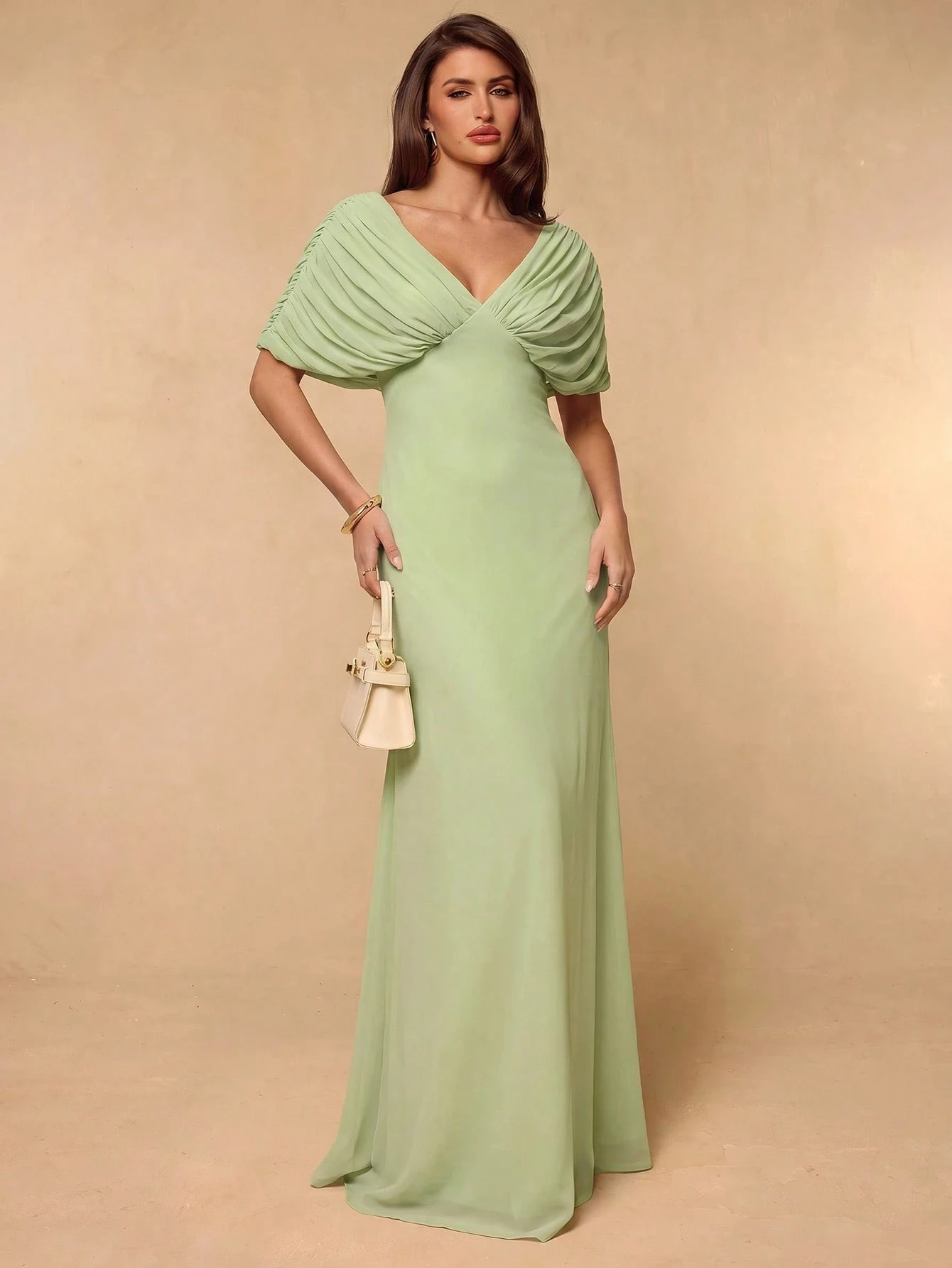Robe d'été élégante pour femmes, couleur unie, plissée, col en V — vue 6