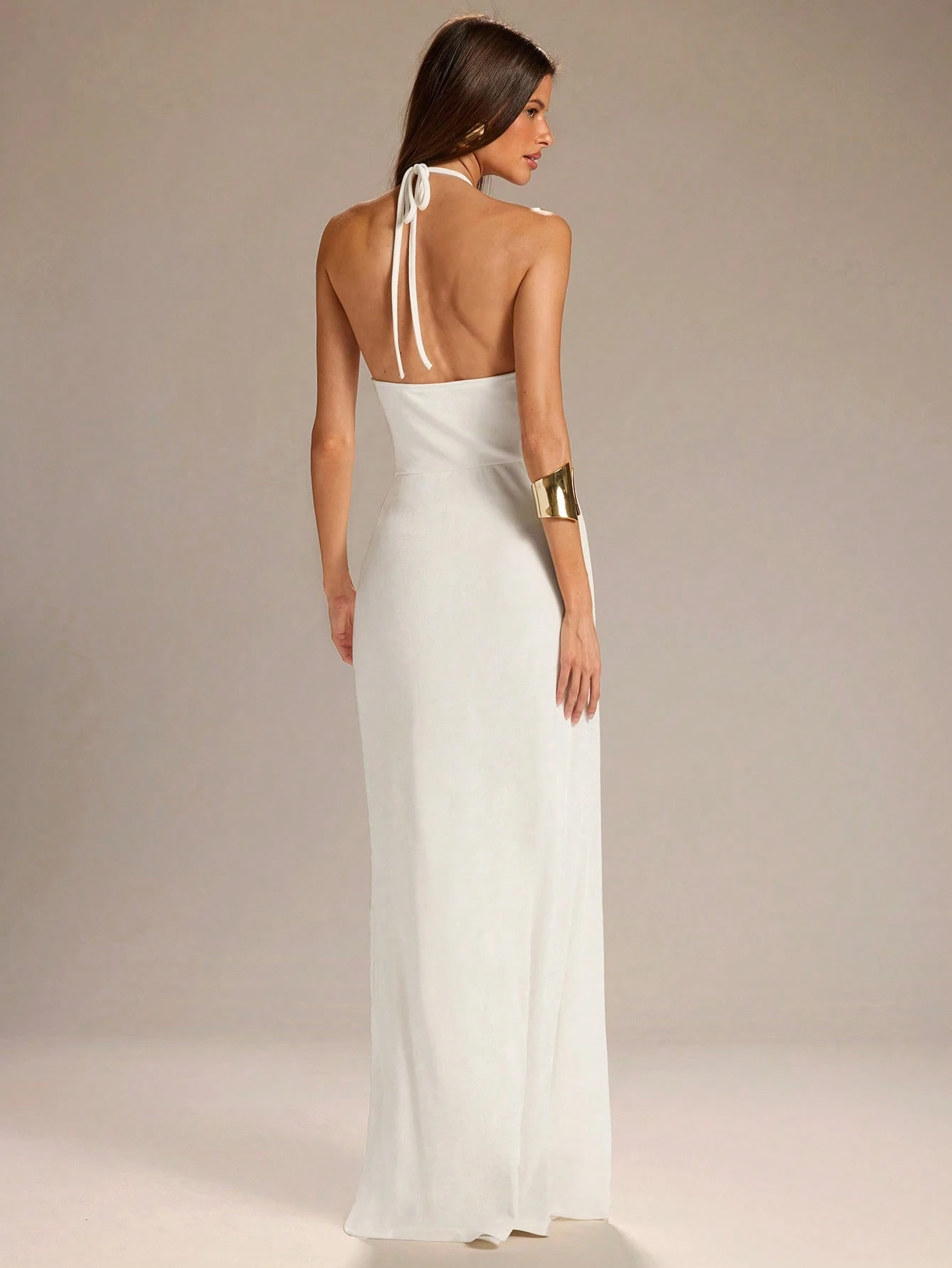 Robe trapèze blanche unie pour femme, col licou, taille à nouer, décoration — vue 2