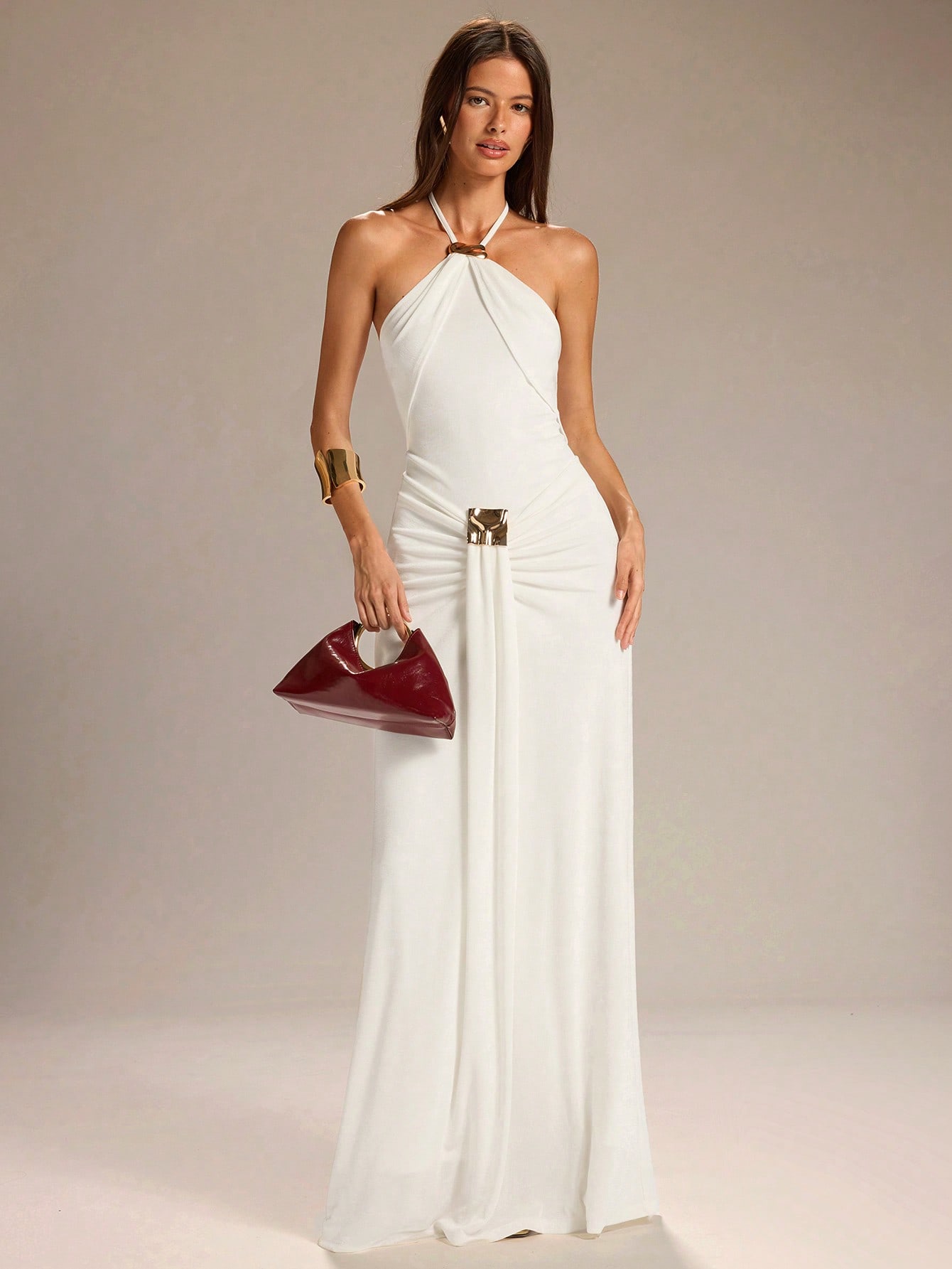 Robe trapèze blanche unie pour femme, col licou, taille à nouer, décoration — vue 8