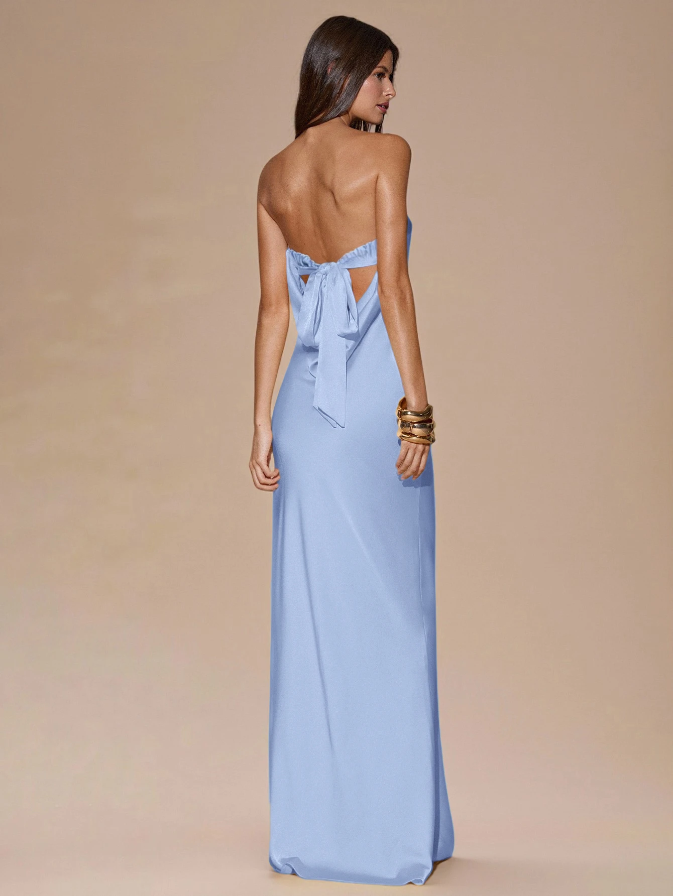 Robe longue minimaliste sexy de couleur unie jaune crème sans bretelles, dos — vue 12