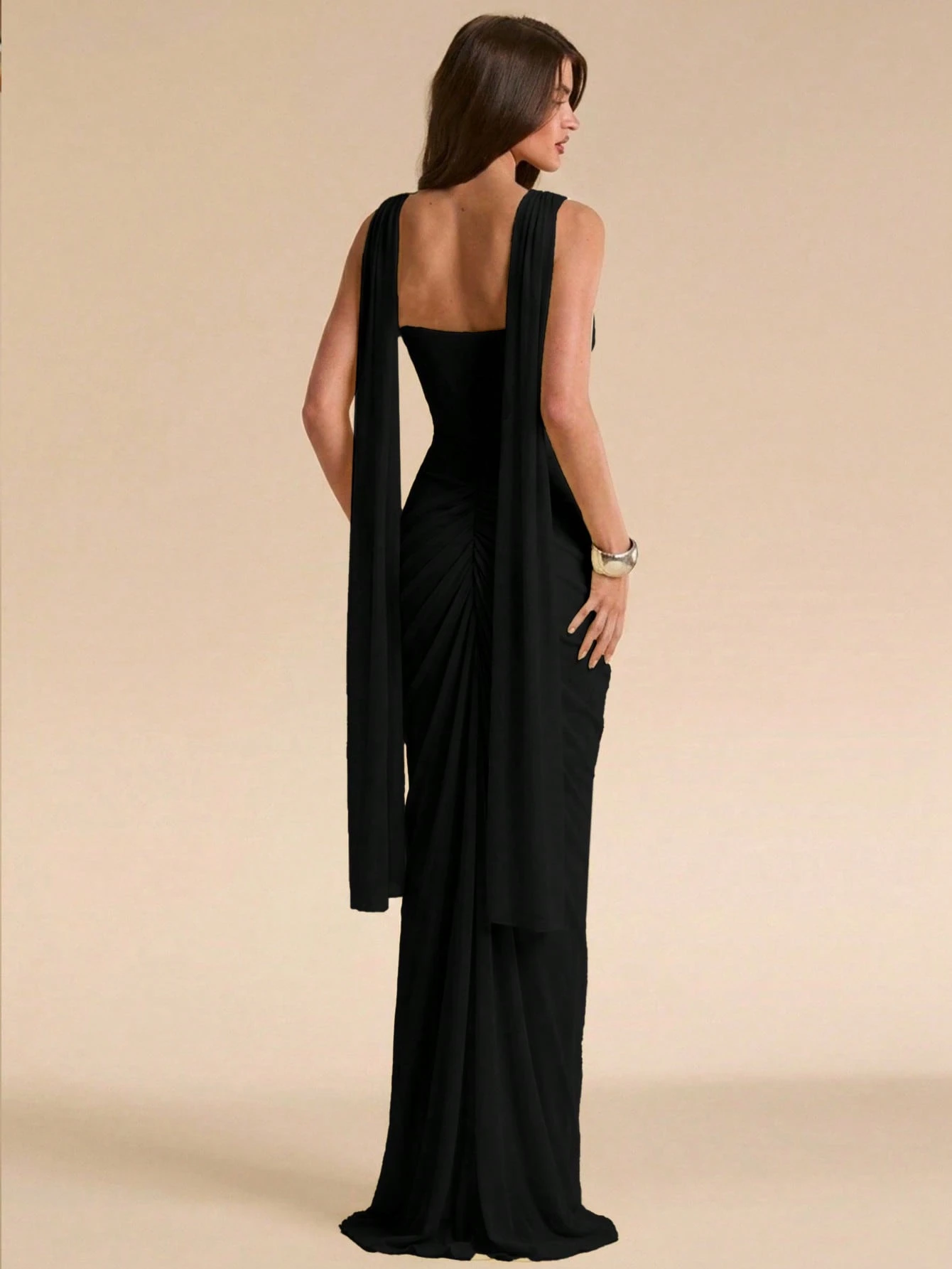 Robe élégante et exquise pour femme, jaune unicolore, sans bretelles, froncée — vue 12