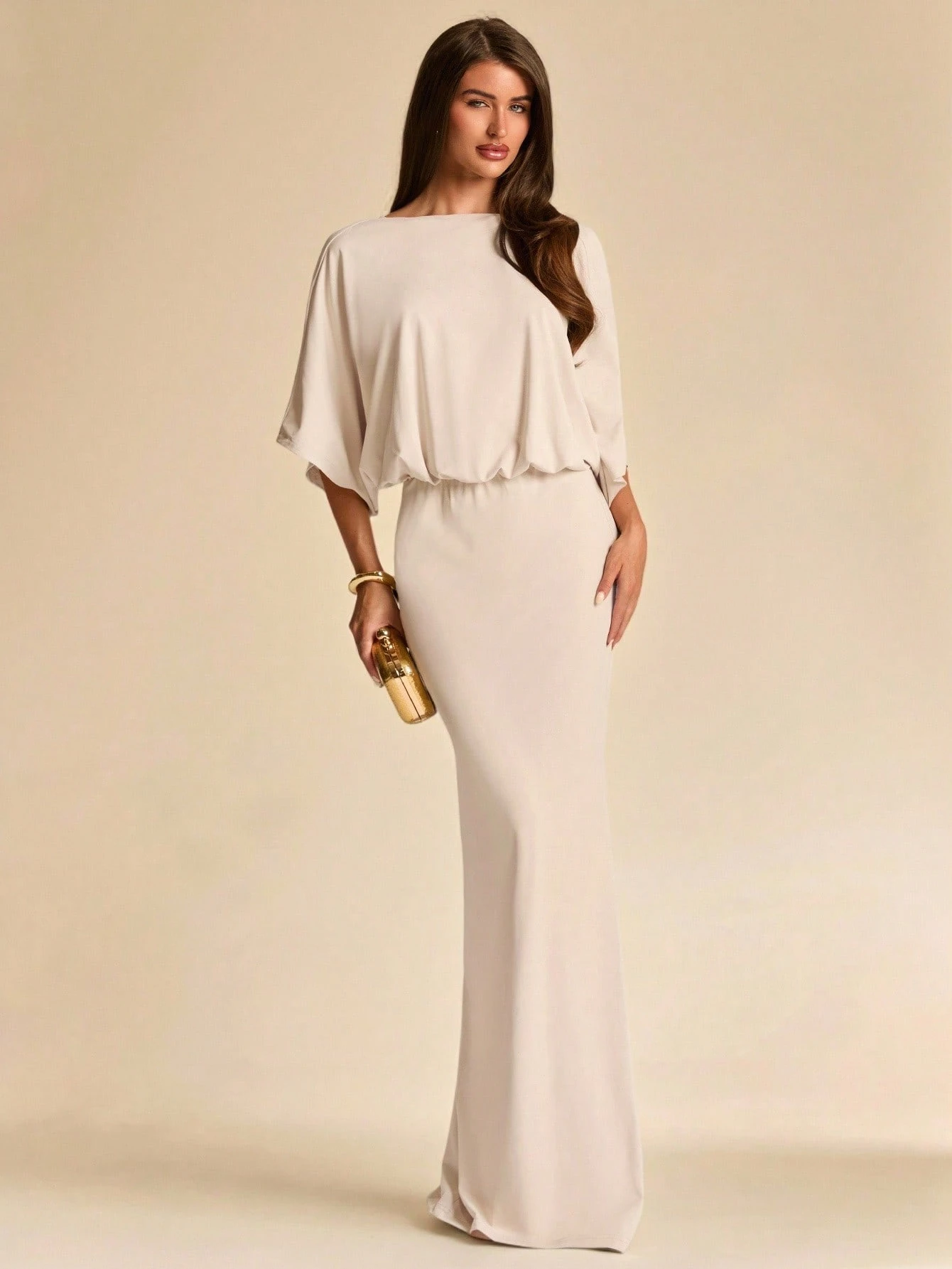 Robe tricotée beige unie dos nu manches longues printemps été, élégante sexy — vue 3