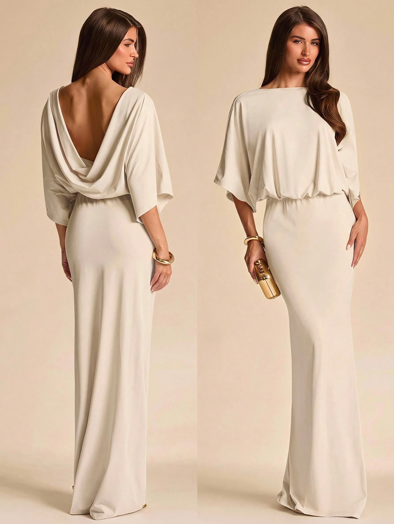 Robe tricotée beige unie dos nu manches longues printemps été, élégante sexy — vue 5
