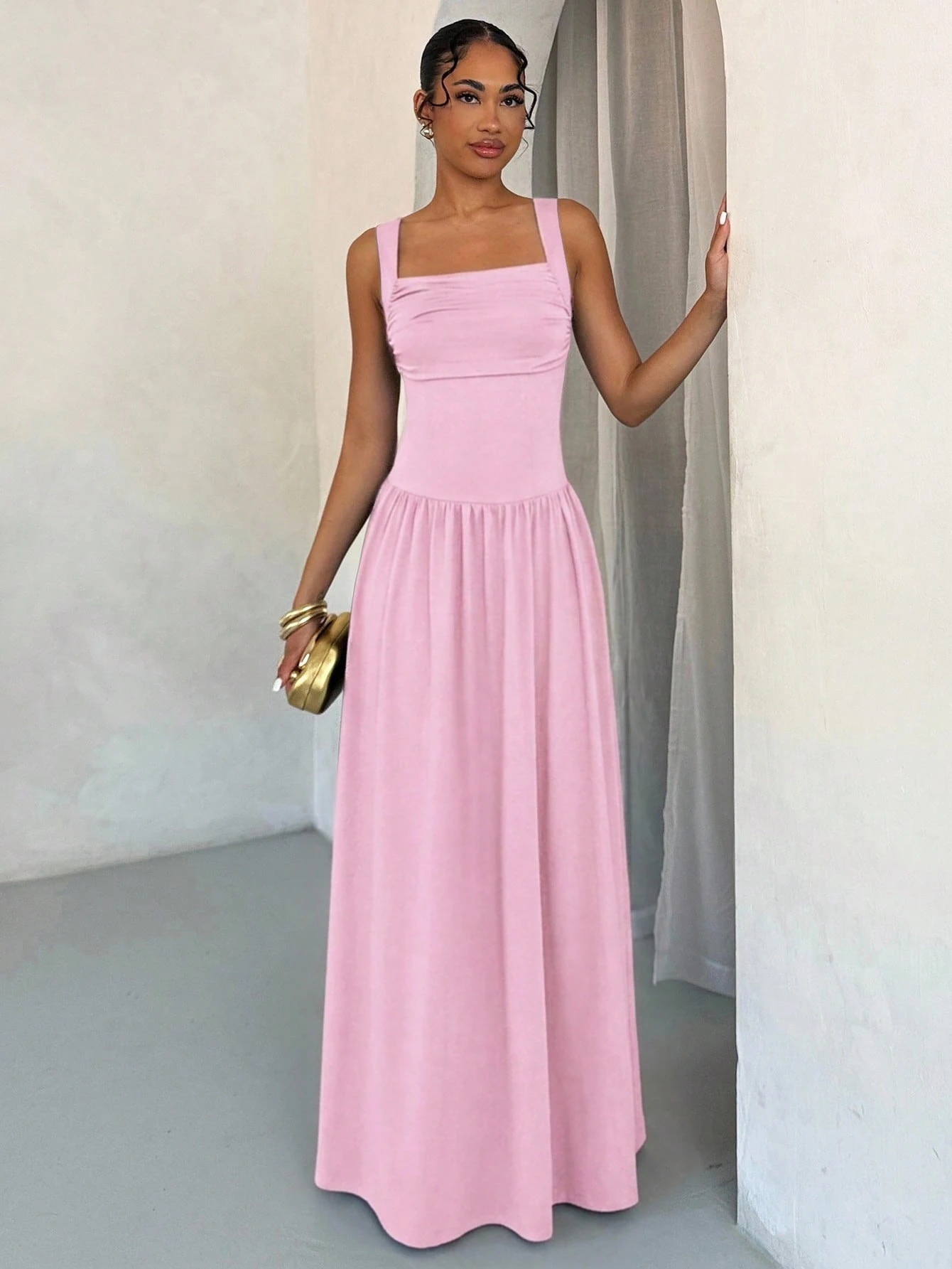 Robe élégante pour femmes de couleur unie marron avec col généreux et jupe — vue 9