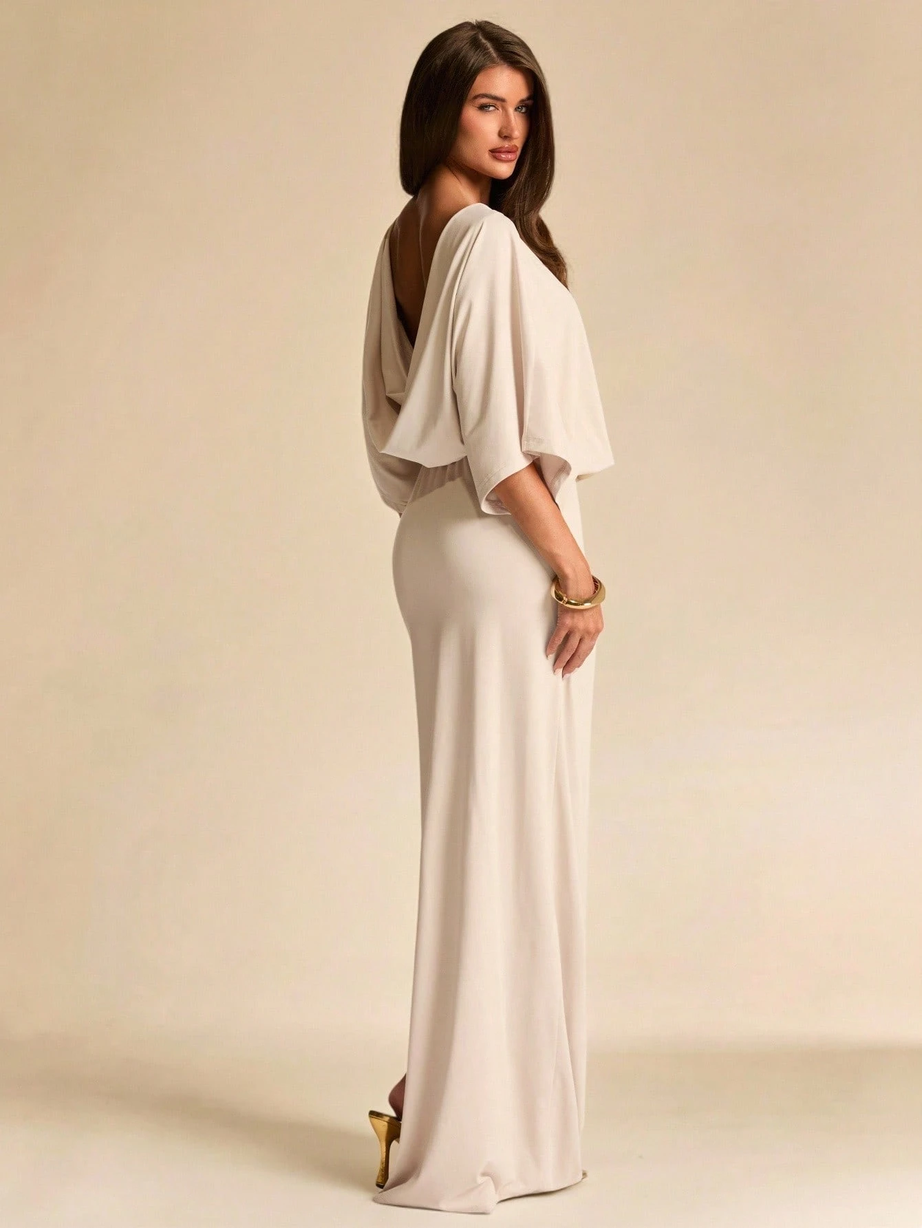 Robe tricotée beige unie dos nu manches longues printemps été, élégante sexy — vue 8