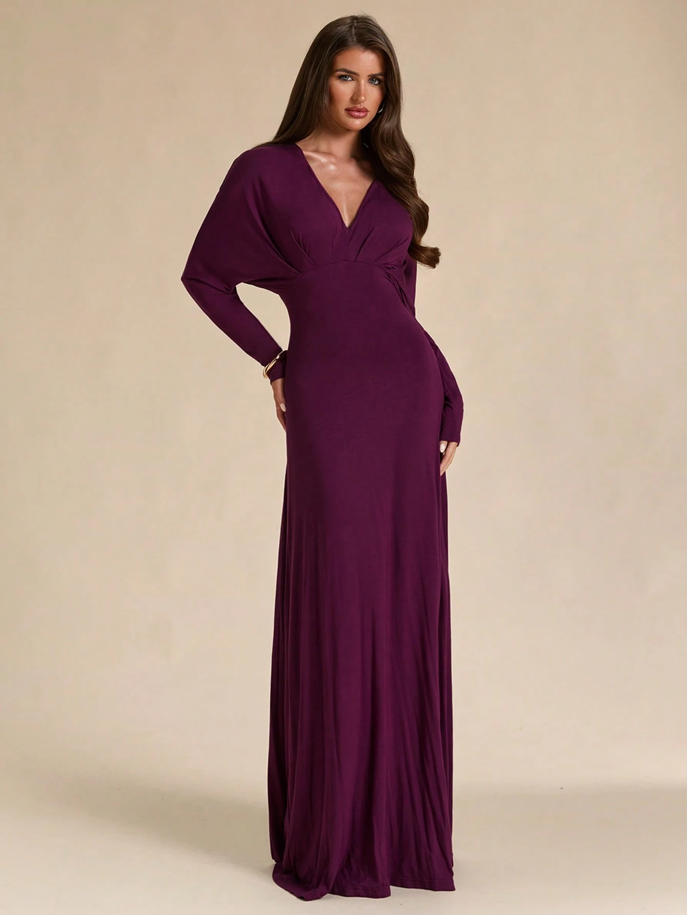 Robe longue en maille ajustée slim à col V profond, manches longues, violet — vue 2